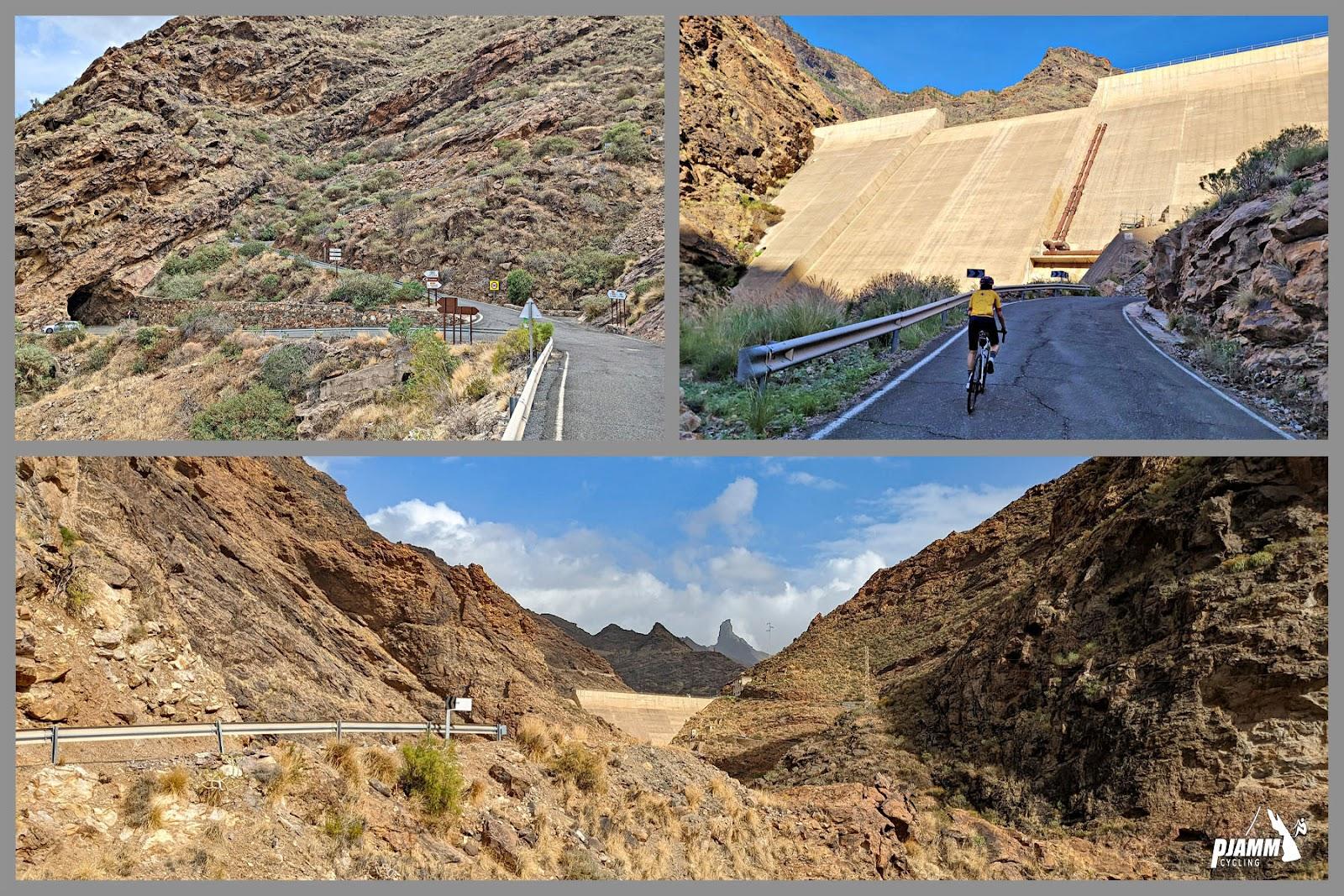 Photo collage shows PJAMM cyclists riding the approach to the dam at Presa del Parralillo 300 meters from the start of the climb. 