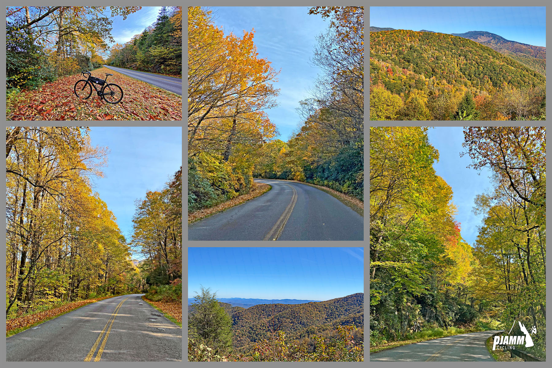 Cycling Mt. Pisgah, Route 151, North Carolina - dense fall foliage surrounding two-lane roadway