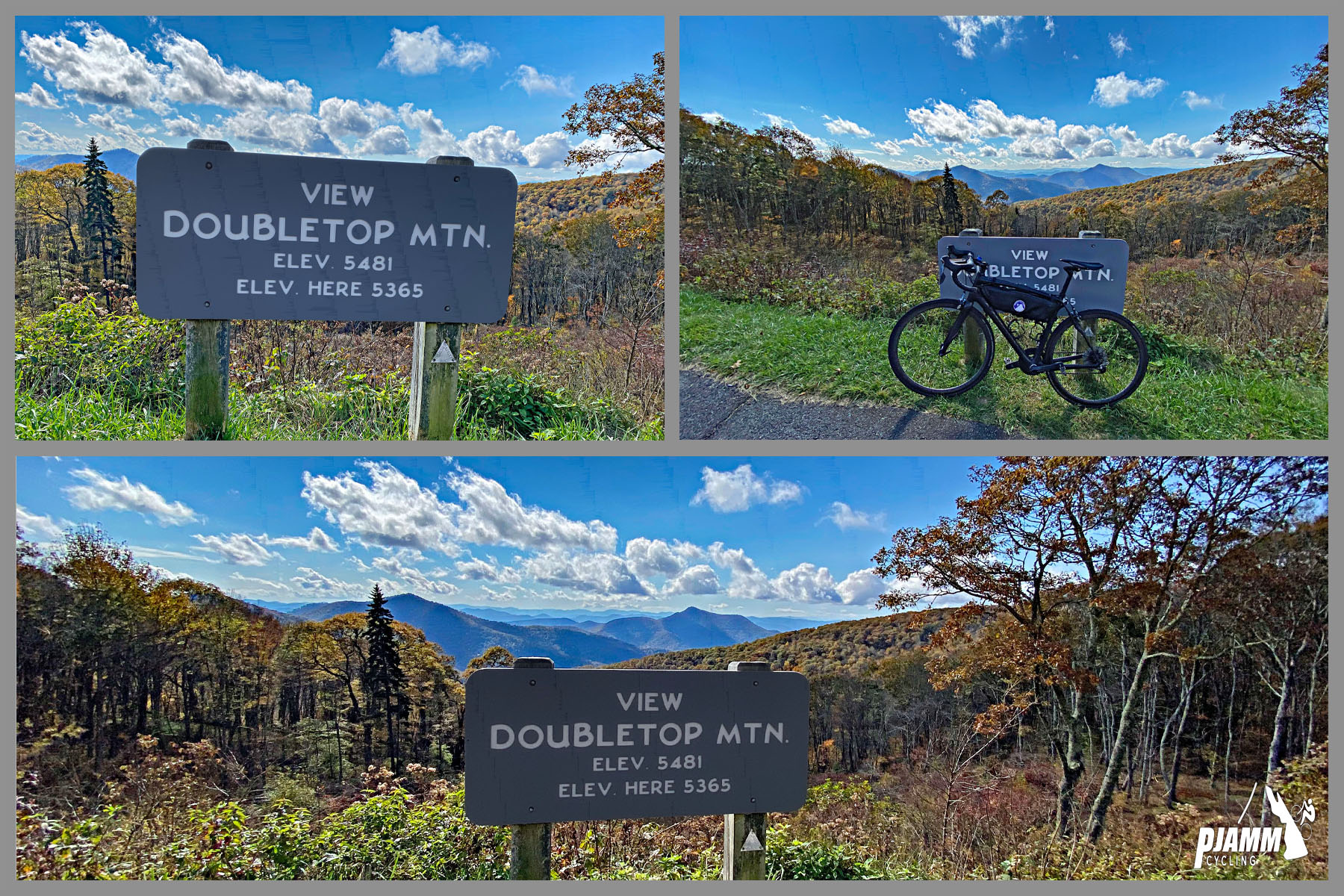 Cycling Richland Balsam, Blue Ridge Parkway - BRP scenic overlook sign reads "View Doubletop Mountain," bike parked against overlook sign, bright fall foliage, blue sky