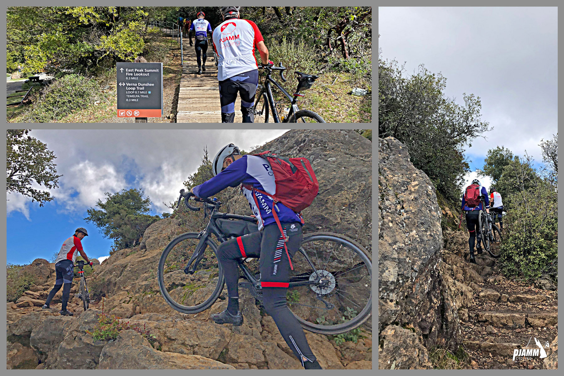 Cycling Mt. Tamalpais - PJAMM Cyclists carry their bikes over large rocks and stairs