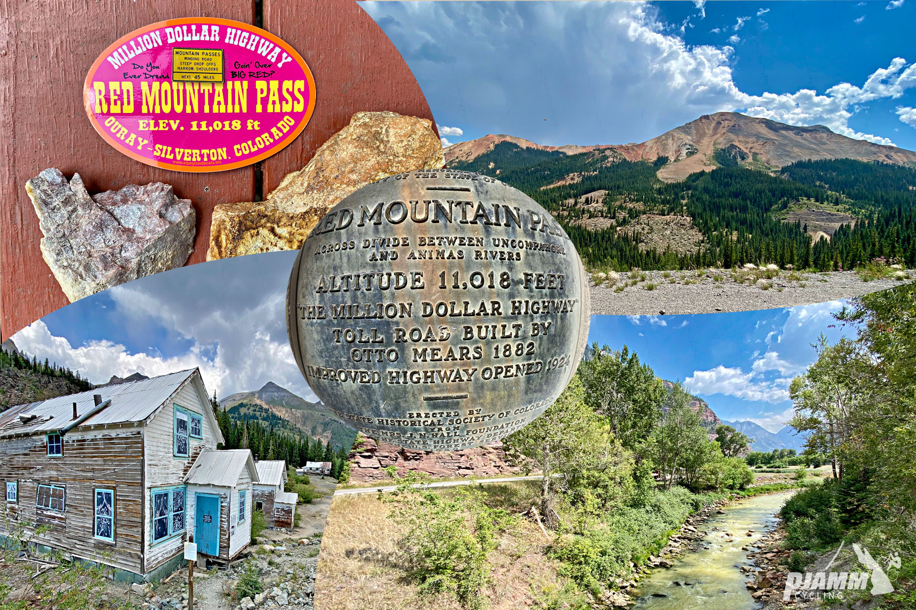 Cycling Red Mountain,  Ouray, Colorado - photo collage, PJAMM Cycling logo in corner, sign for Red Mountain Pass, creek running along roadside, weathered metal sign with information on mining town, old homes in Ouray