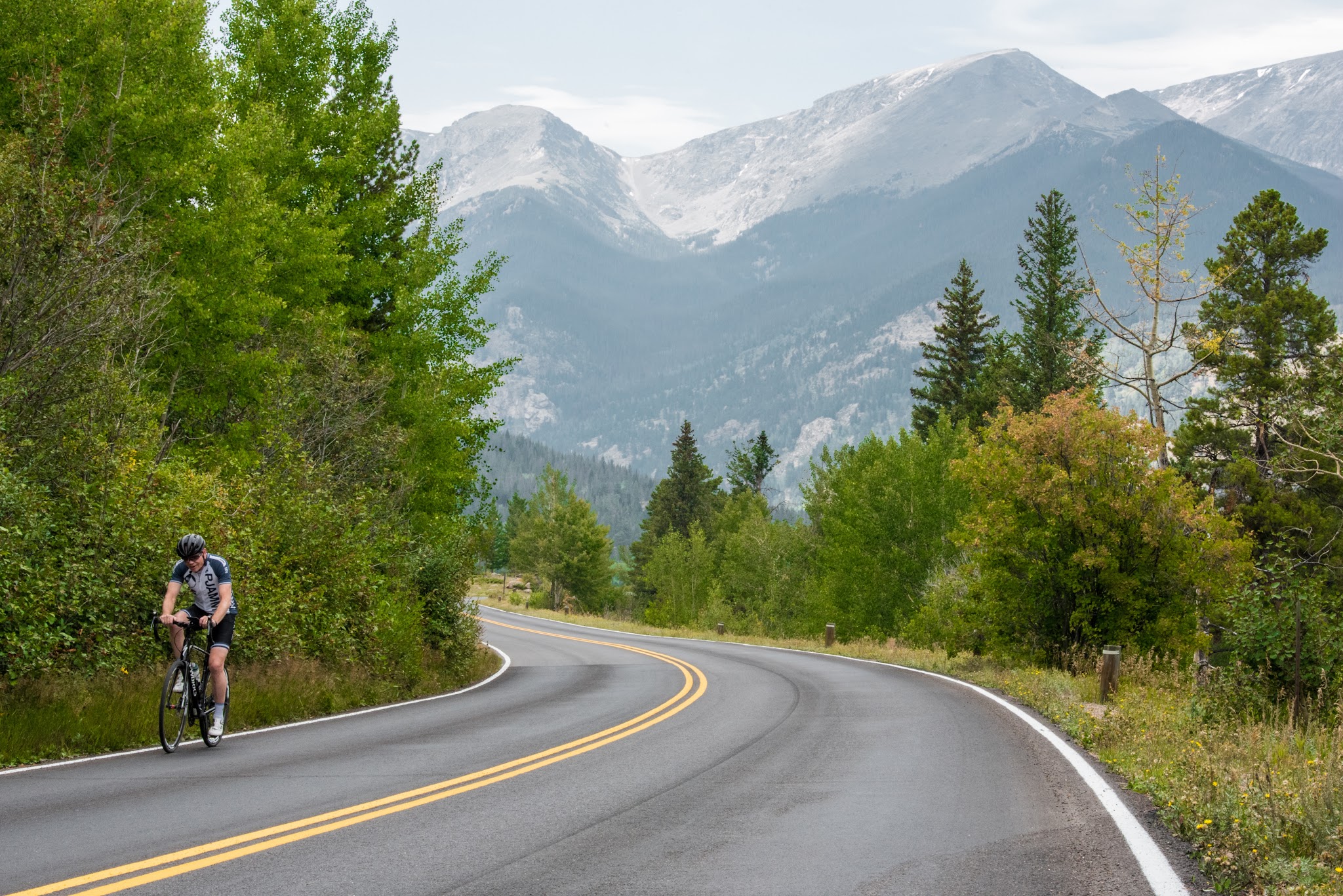 Cycling Highest Colorado bike climb - Trail Ridge - cyclist on bike on road surrounded by trees with mountain in background.