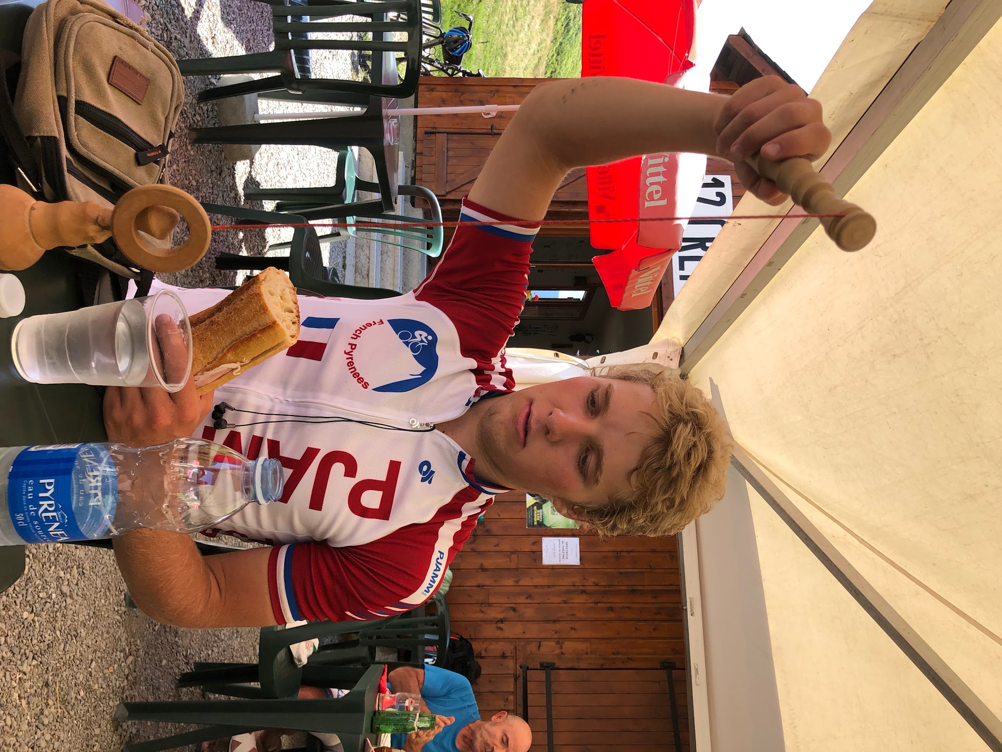 Cycling Col de Peyresourde from Avajan - PJAMM playing game at cafe at the top