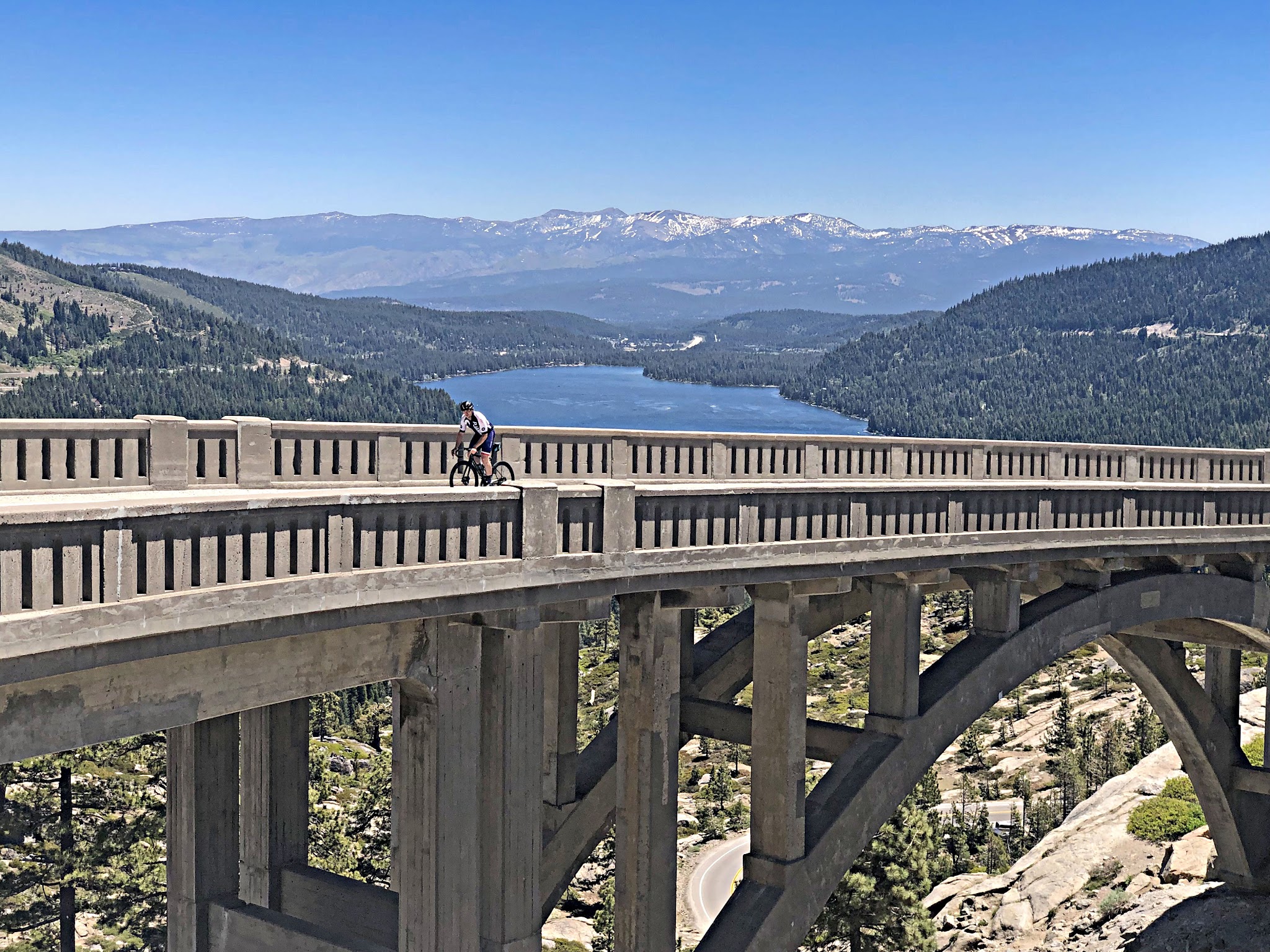 Donner Pass (Donner Summit) Climbing Donner Pass (Donner Summit) by bike - pjamm cyclist riding across Donner (Rainbow) Bridge