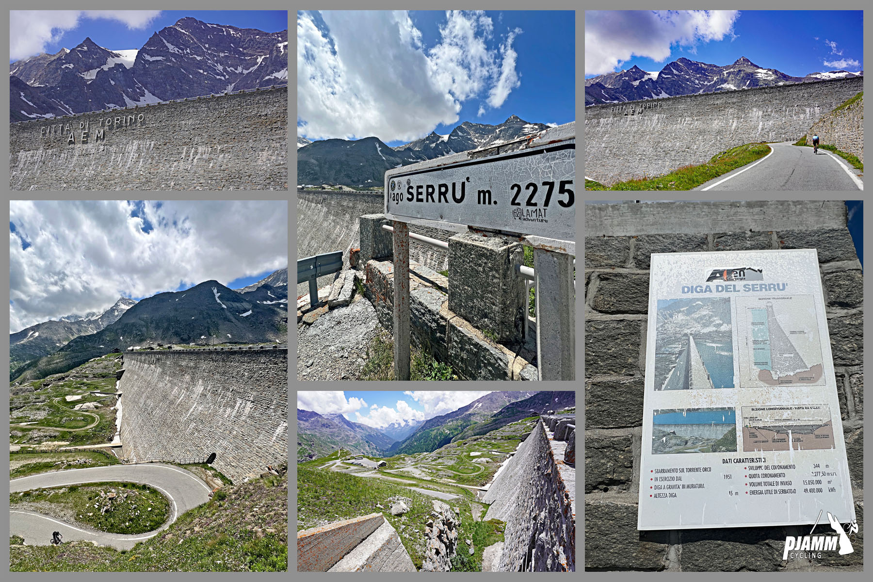 Cycling Colle de Nivolet, Italy - photo collage shows views of Diga Del Serru (Serru Dam), which was the 2019 finish for Giro d'Italia