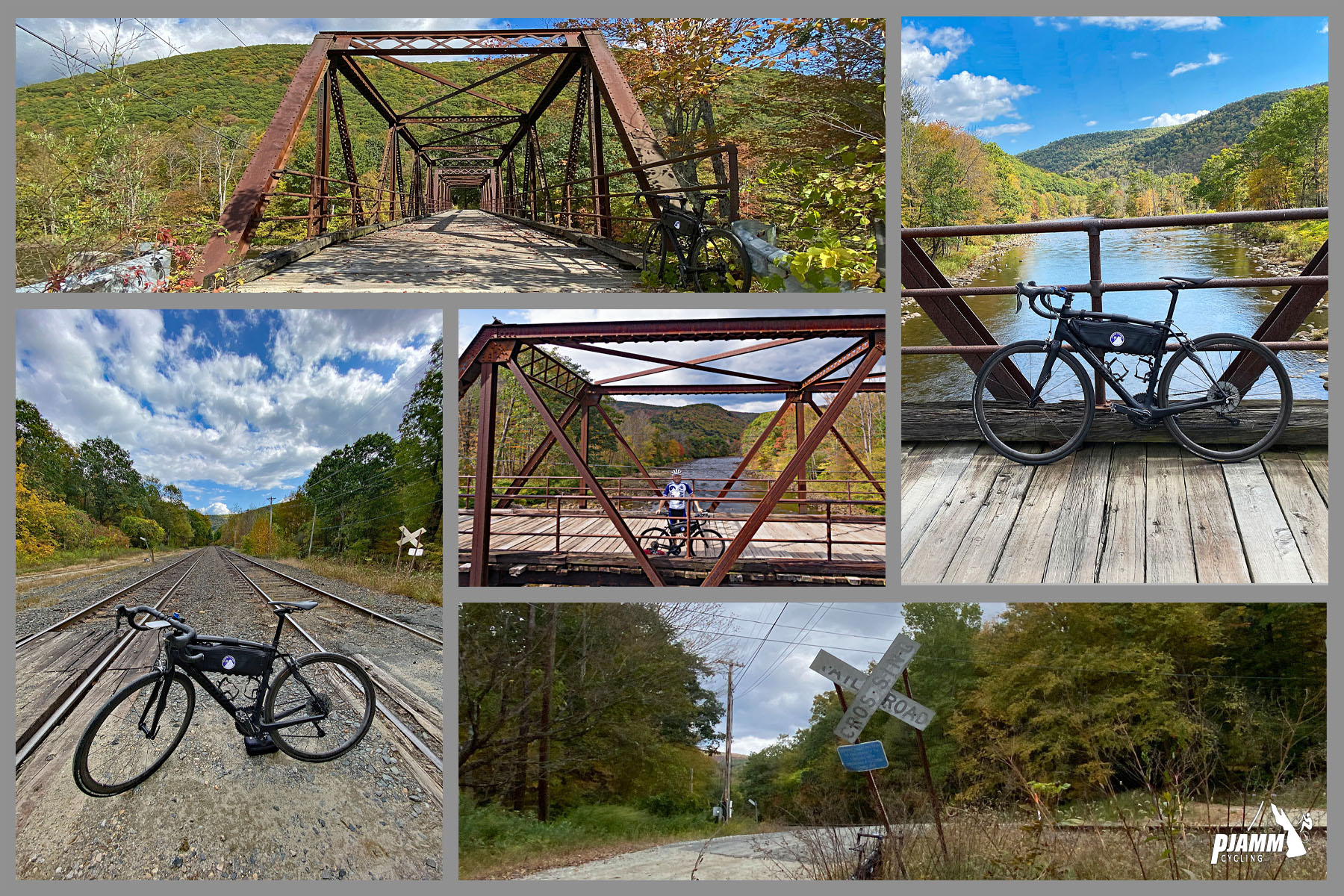 Cycling Whitcomb Hill Road, Massachusetts - bike parked on old wooden and iron bridge surrounded by fall foliage, PJAMM Cycling logo in corner