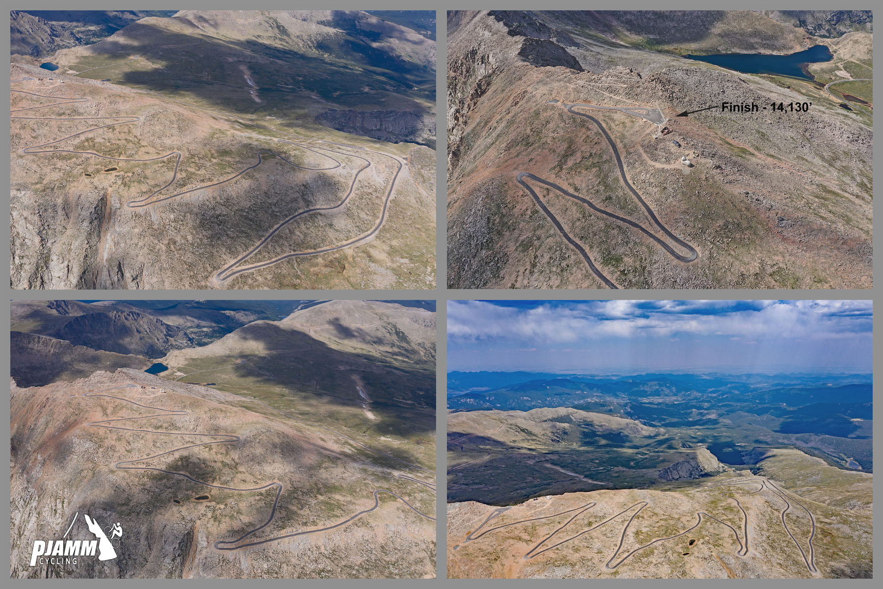 Cycling Mt. Evans, Colorado - photo collage, PJAMM Cycling logo in corner, aerial views of hairpins at the top of climb