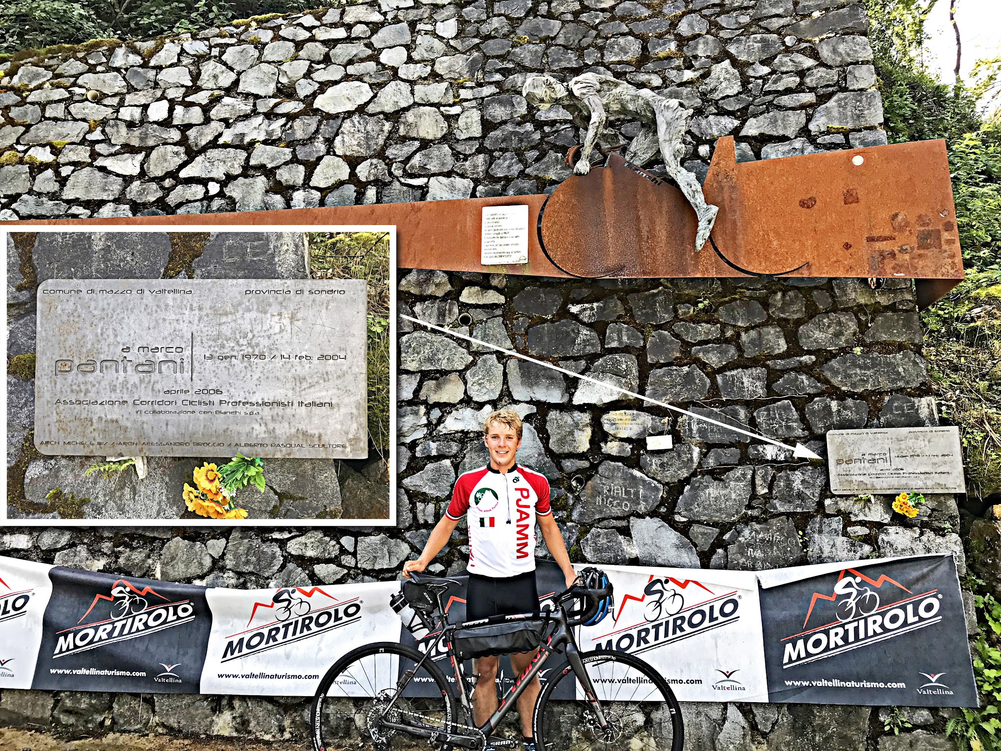 Cycling Passo del Mortirolo from Mazzo di Valtellina - PJAMM cyclists with bike at Pantani memorial
