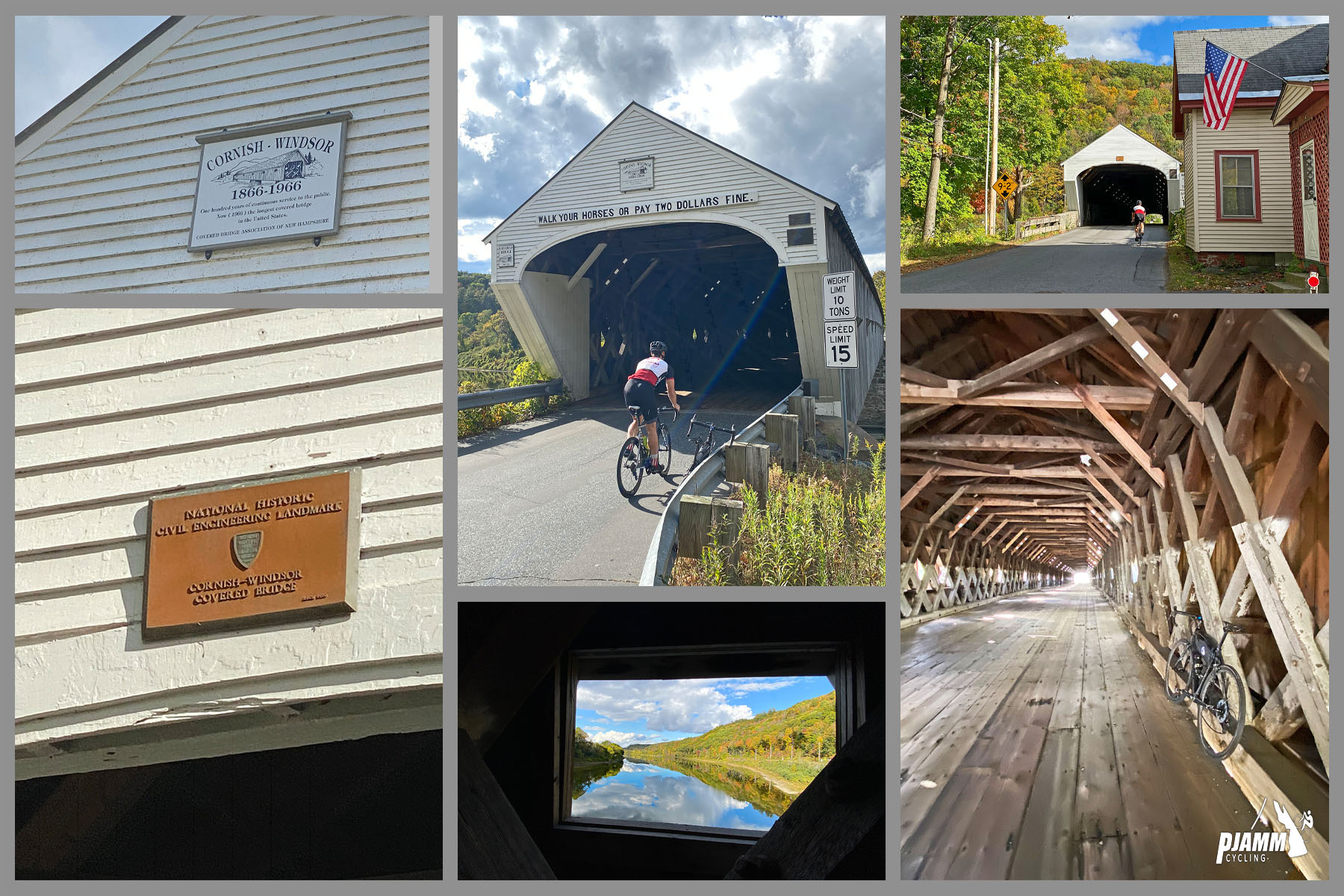 Cycling Mt. Ascutney, Vermont - cyclist crossing the Cornish-Windsor covered bridge