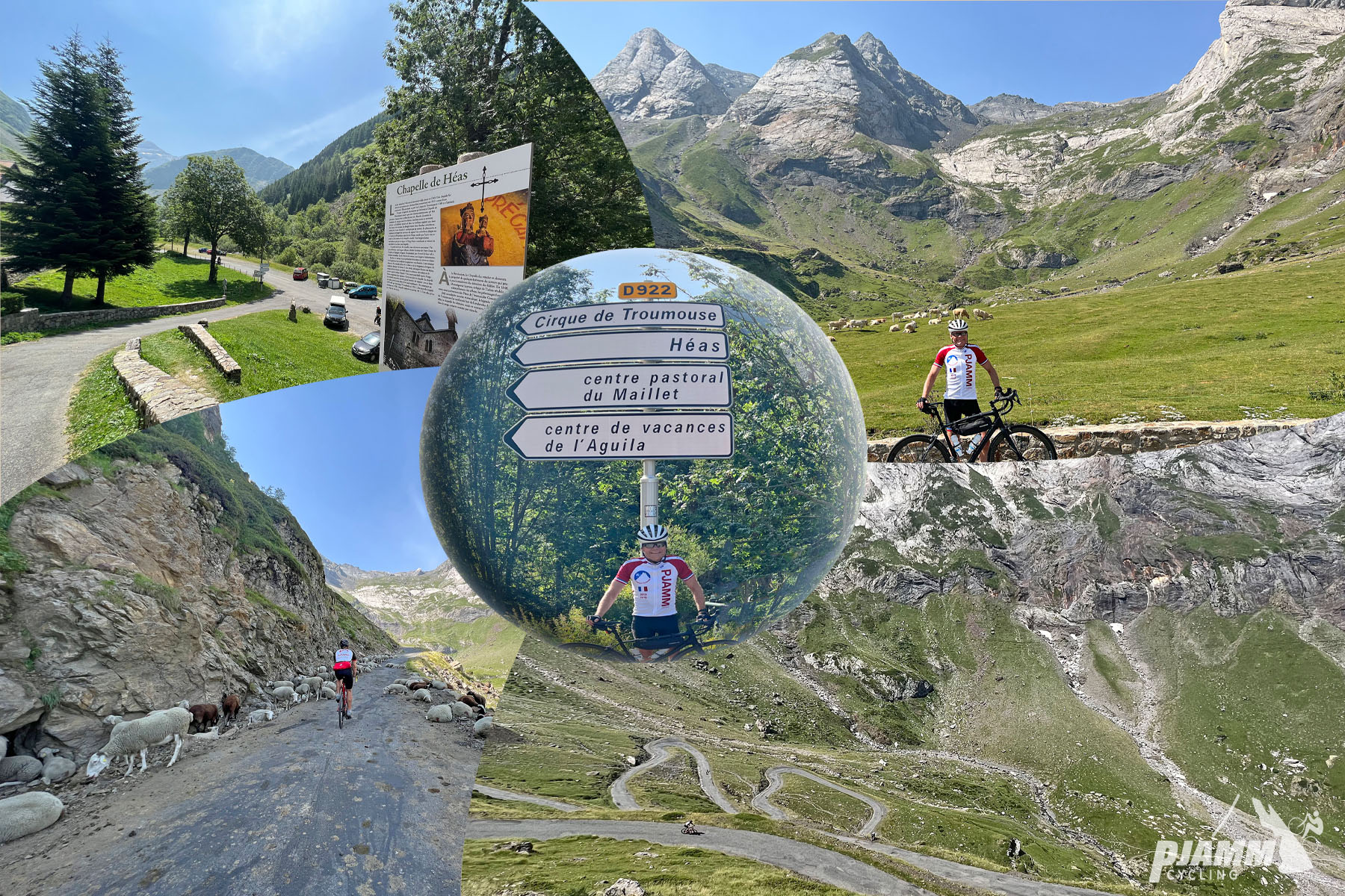 photo collage shows PJAMM Cyclist on Cycling Cirque de Troumouse climb, Pyrenees mountains, sheep grazing on roadside