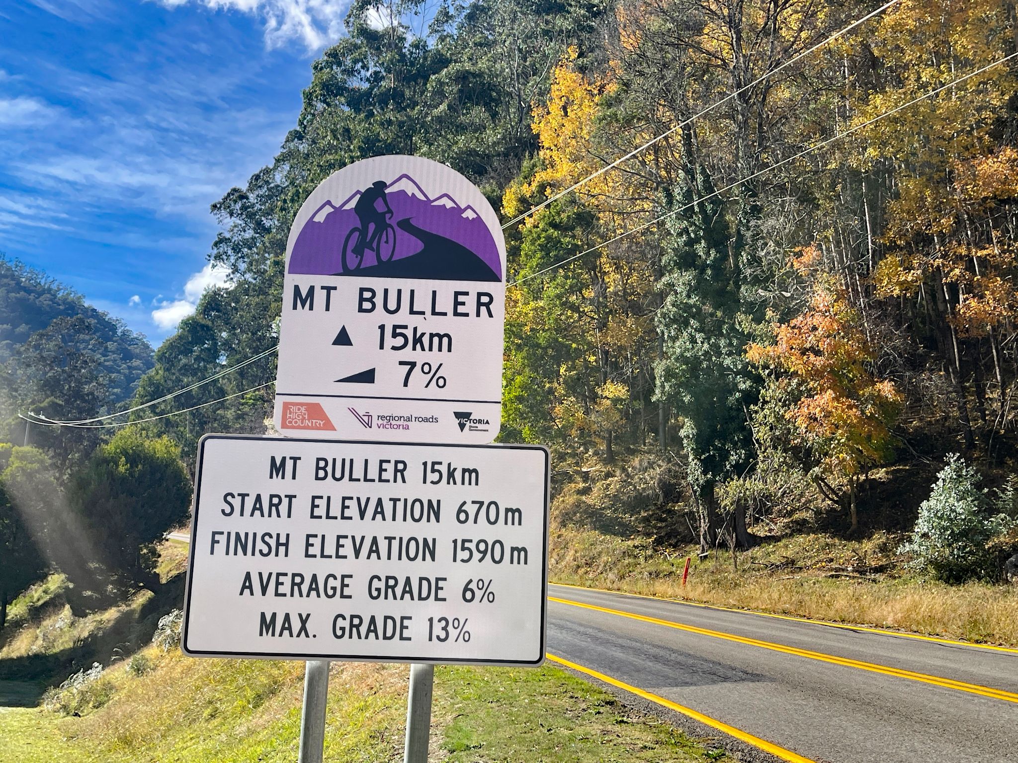 Mt. Buller km sign marking 15 km; start elevation 670 m, finish elevation 1590 m