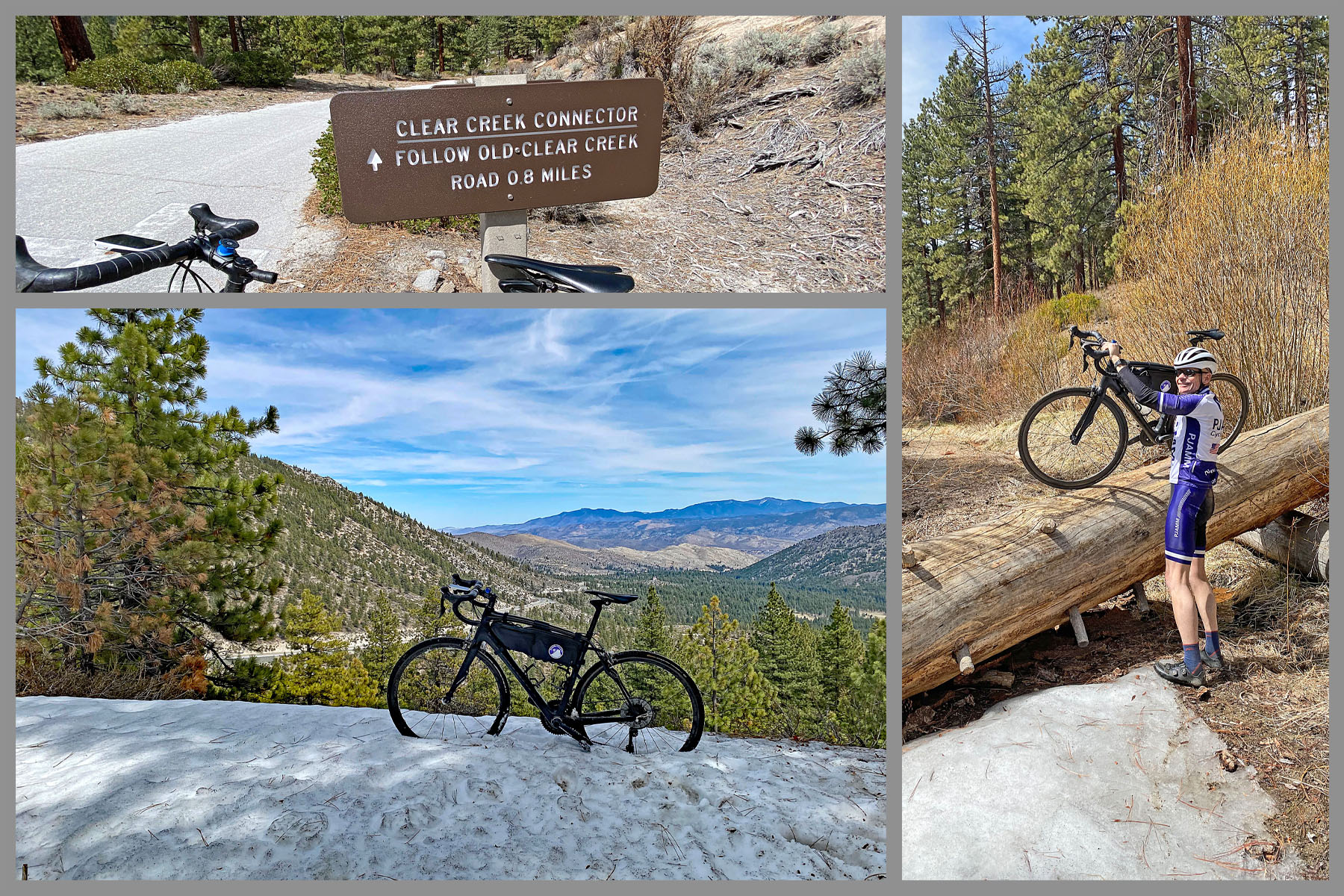 Cycling Old Clear Creek Road, NV - bike parked next to sign for Clear Creek Connection, bike parked in snow on side of road, PJAMM Cyclist stands with bike propped on fallen log