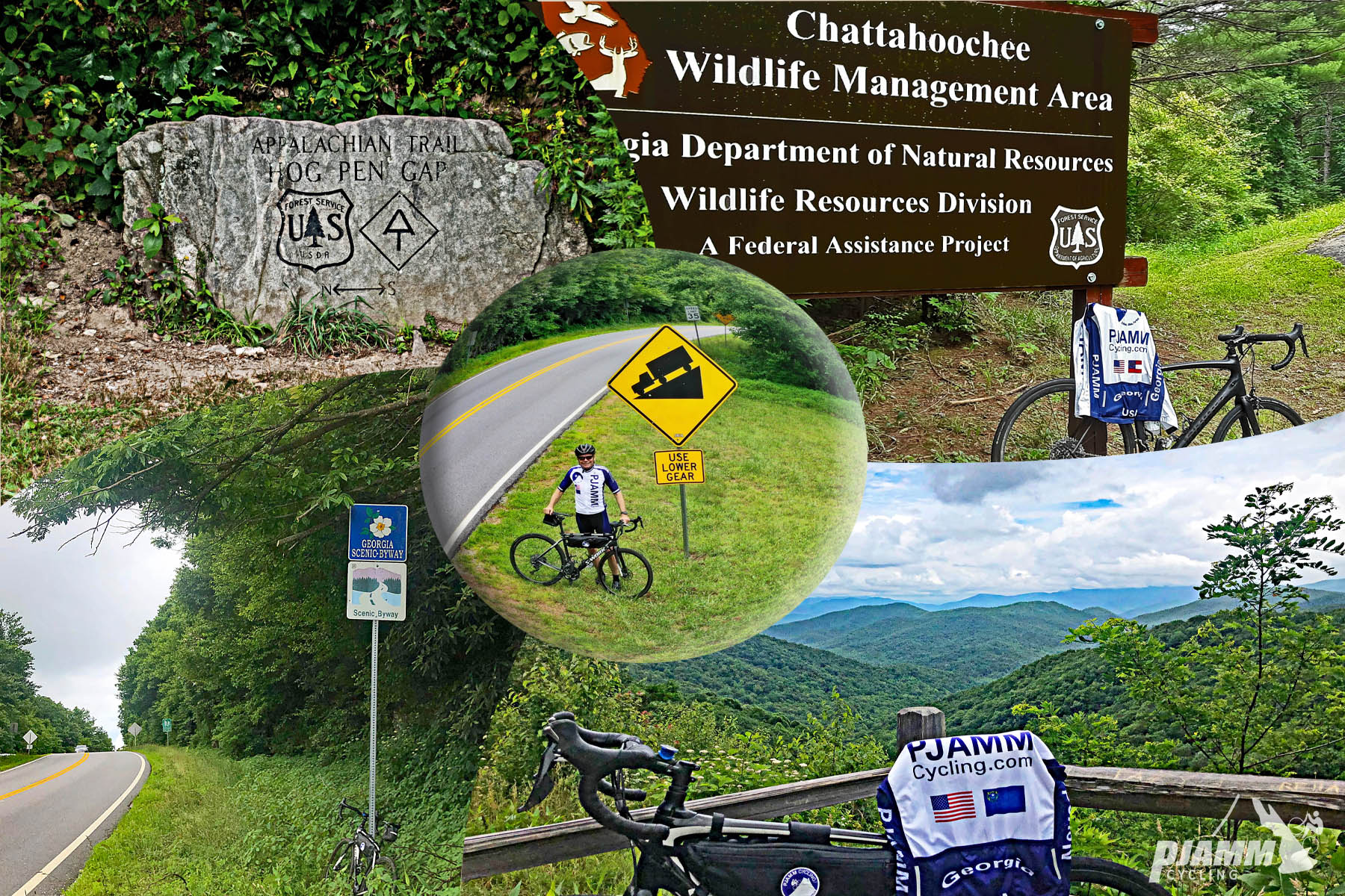Cycling Hogpen Gap East - photo collage, US Forestry Service Appalachian Trail Hogpen Gap stone sign, Chattahoochee Wildlife Management sign with road bike with PJAMM cycling jersey draped over it leaning against sign, arial view of cyclist in PJAMM Cycling jersey  standing next to gradient road sign 