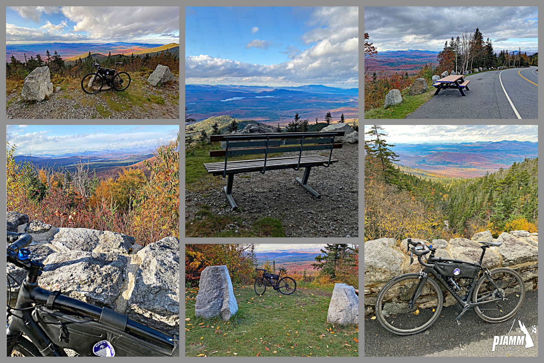Cycling Whiteface Mountain, New York - photo collage, bright, colorful fall foliage on Whiteface Mountain, PJAMM Cycling logo in corner