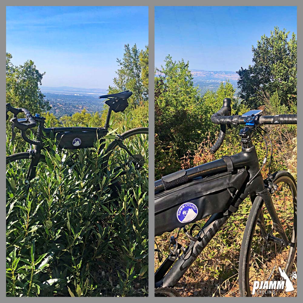 Cycling Bohlman On Orbit - PJAMM Cycling logo in corner, bike parked in tall greenery along hillside, views of Moffett Field and San Jose