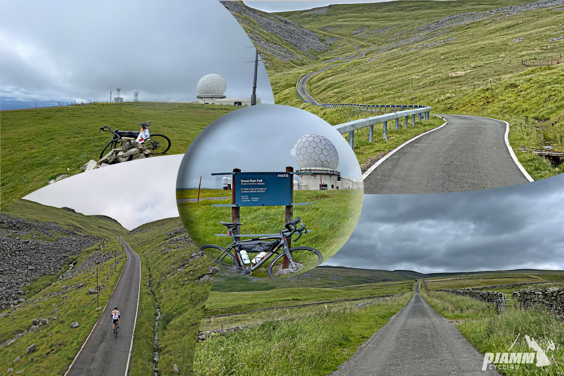 Cycling the Great Dun Fell, England photo collage shows multiple views of large white radar dome