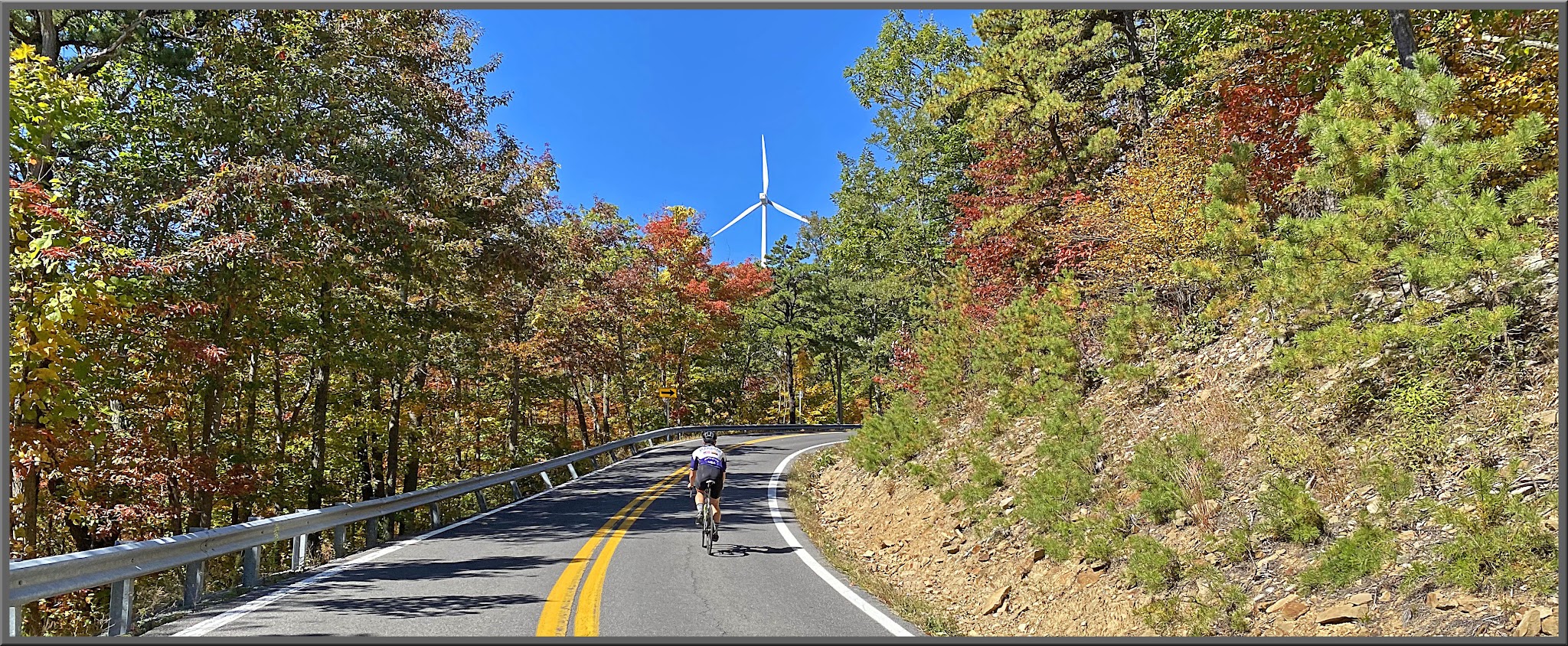 Cycling Woodland Lane, West Virginia - cyclist rides on two-lane roadway surrounded by fall foliage, tall windmill in distance peaks over the trees