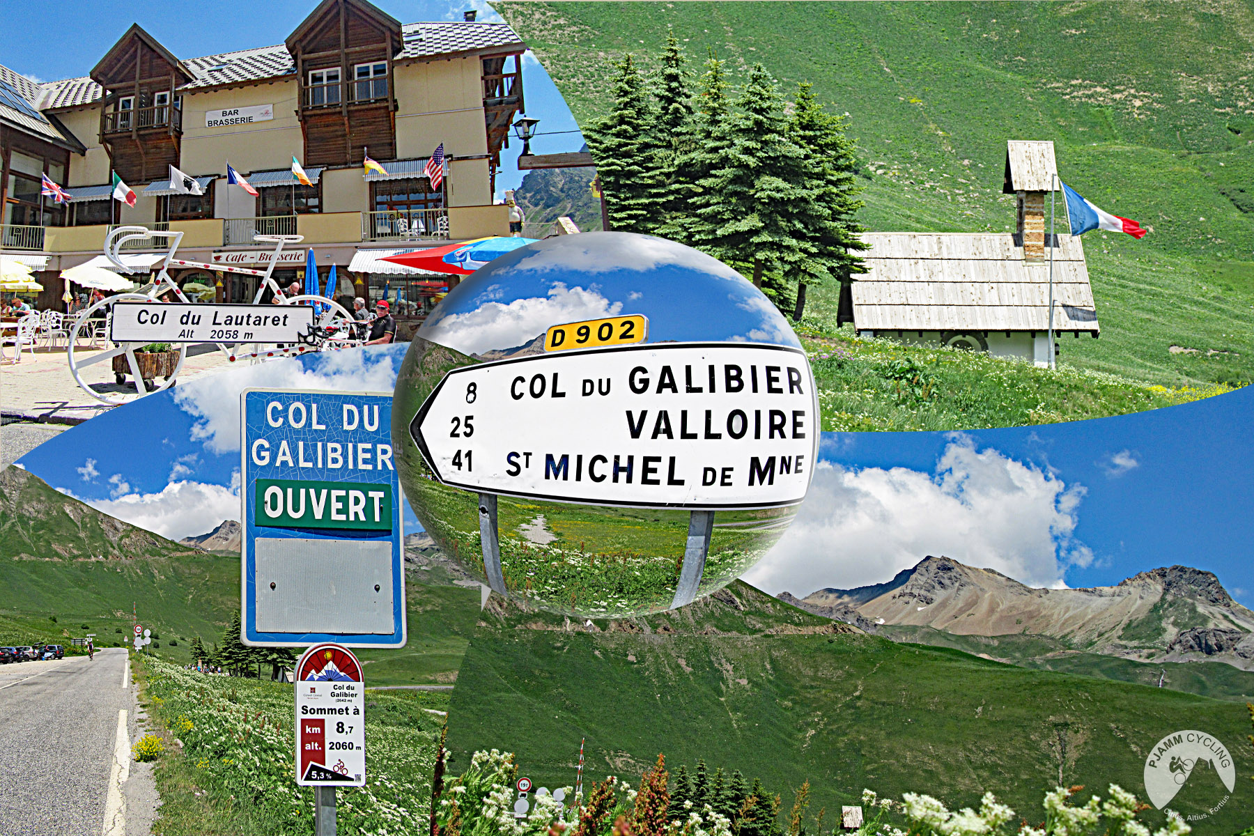 photo collage shows views in and around Col du Lautaret, wildflowers, grand alps, ski chalet-style buildings, signs for Col du Galibier, Valloire, St. Michel de Mne