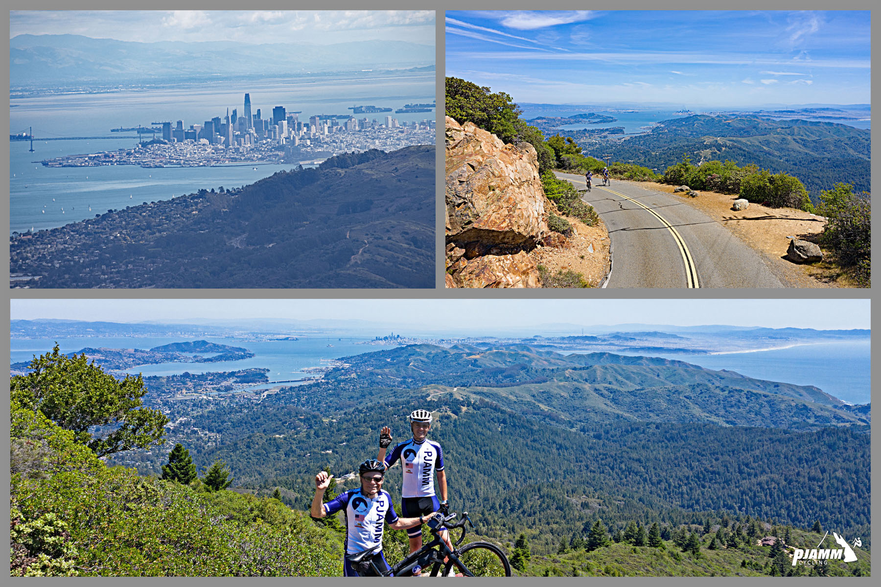 photos from the Mt. Tam finish at West Peak, two PJAMM Cyclists stand with bikes on mountaintop, San Francisco bay and city views in distance
