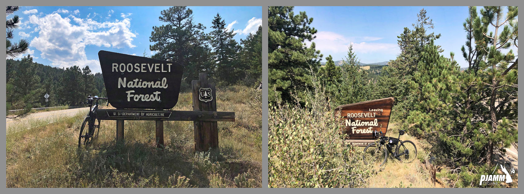 Climbing Magnolia Drive, Boulder, Colorado - PJAMM Cycling logo in corner, bike parked against wooden sign on roadside for Roosevelt National Forest