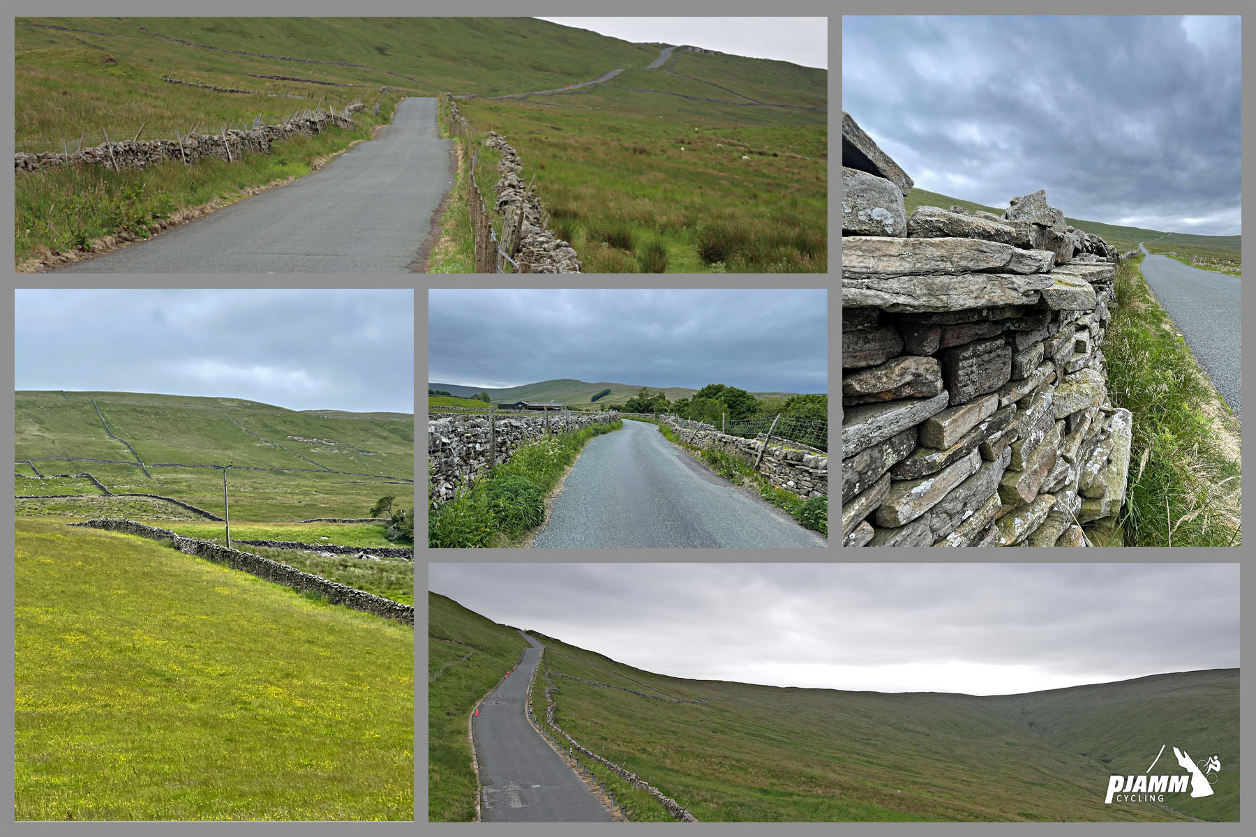 Cycling Fleet Moss, England photo collage shows pastureland and stone walls