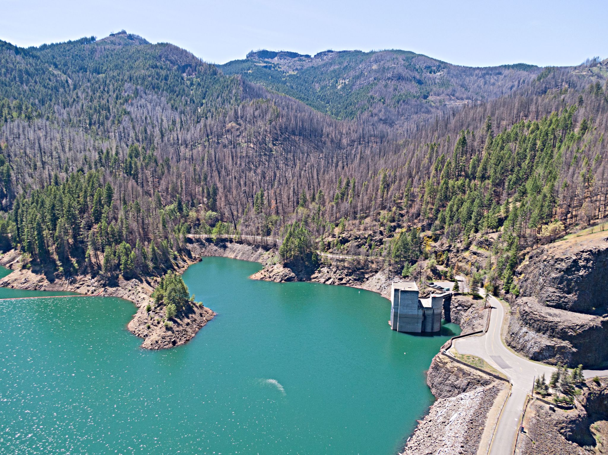 aerial drone view of Cougar Reservoir and Aufderheide Scenic byway North