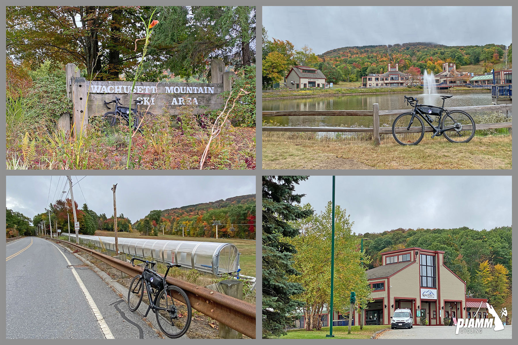 Cycling Wachusett Mountain North, Massachusetts - bike parked in front of sign for Wachusett Mountain Ski Area, buildings at Ski Resort area