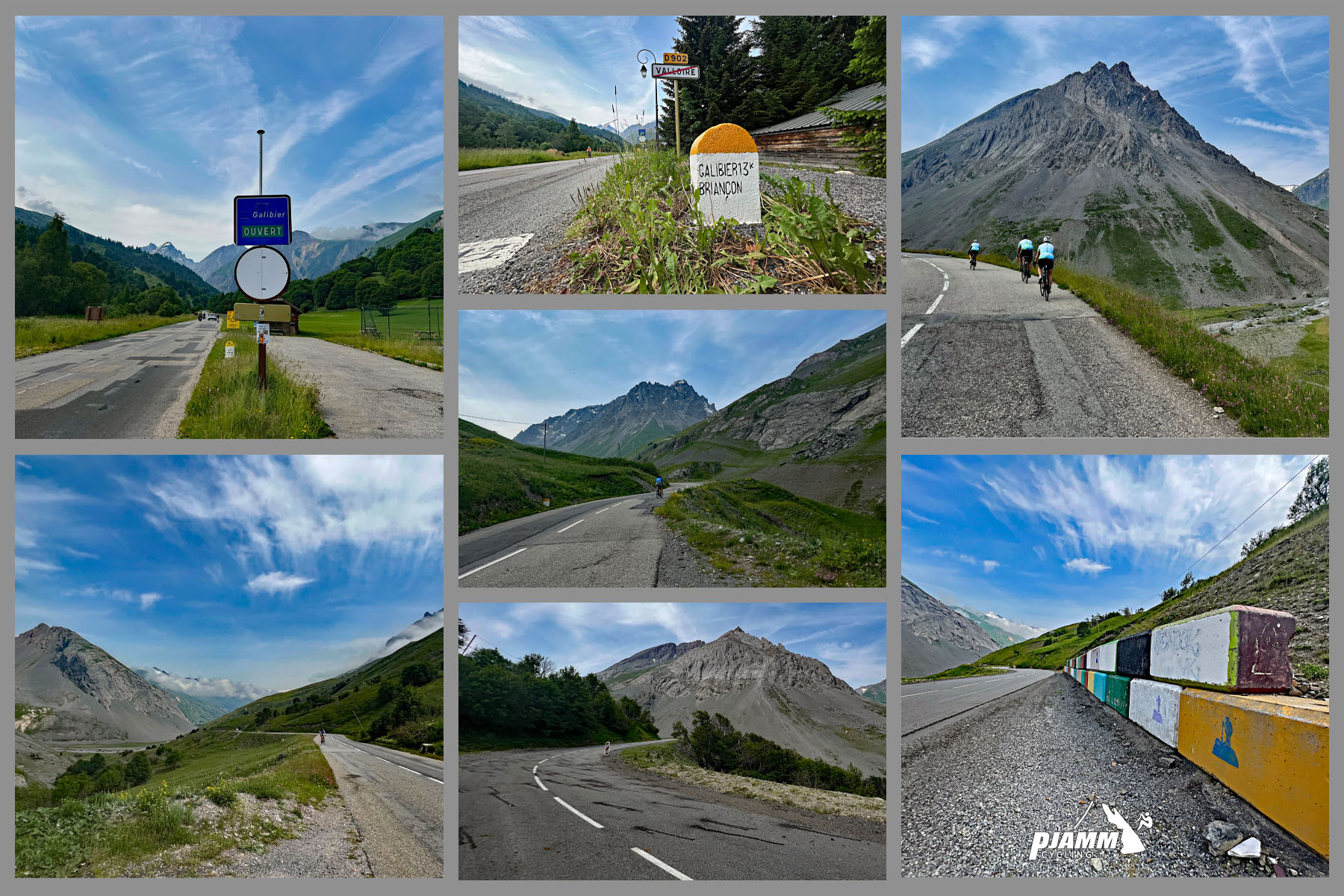 Cycling Col du Galibier & Telegraphe: photo collage shows road conditions, mountain views, and kilometer signs on the first third of the climb