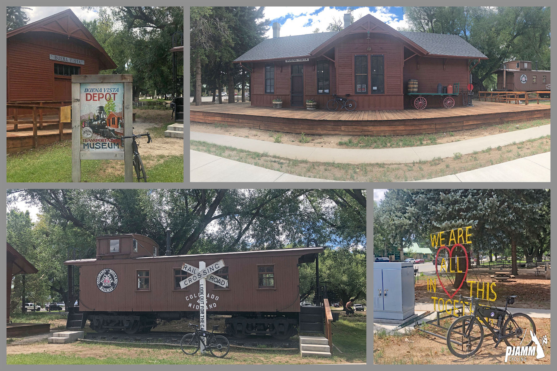 Cycling Cottonwood Pass, Colorado - photo collage, PJAMM Cycling logo in corner, Historic Train Museum