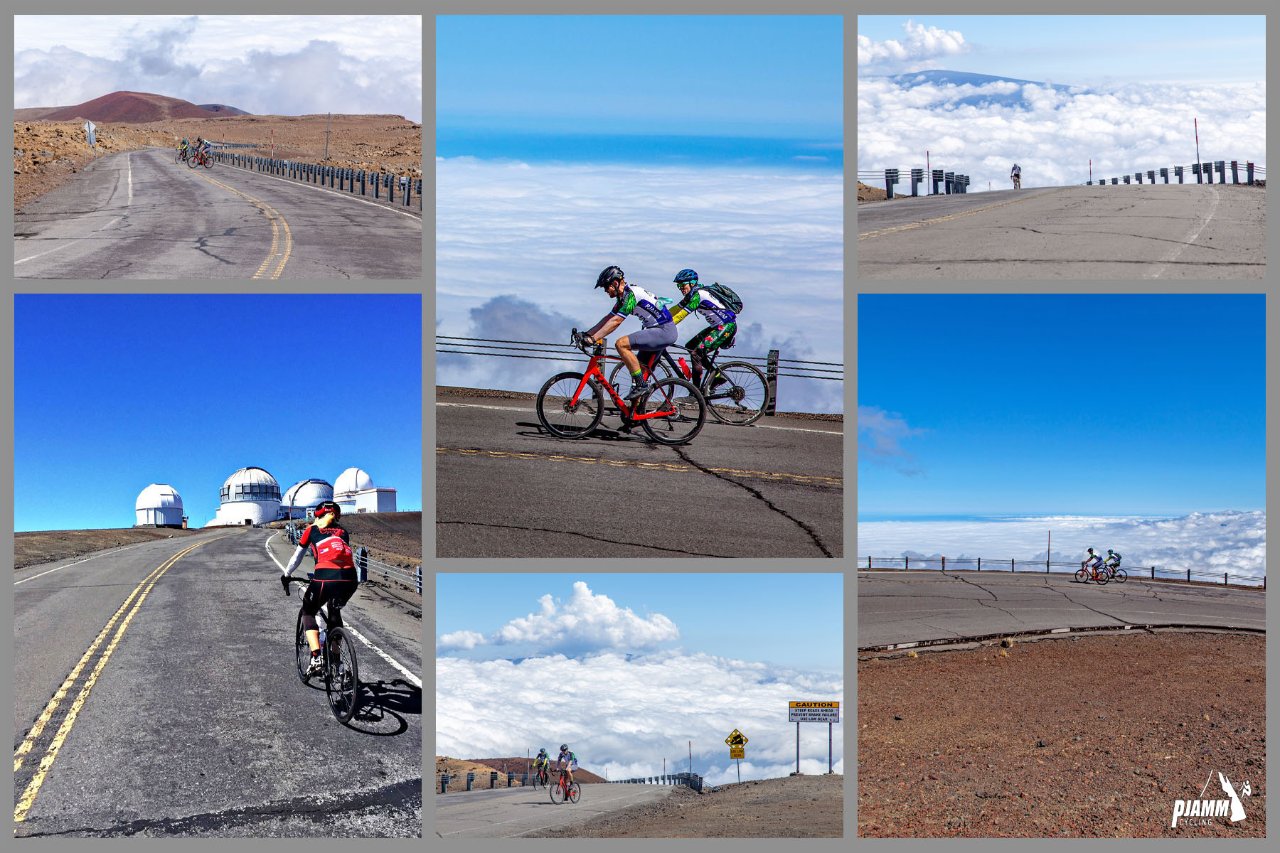 photo collage shows PJAMM Cyclists riding together toward the climb summit, observatory in view