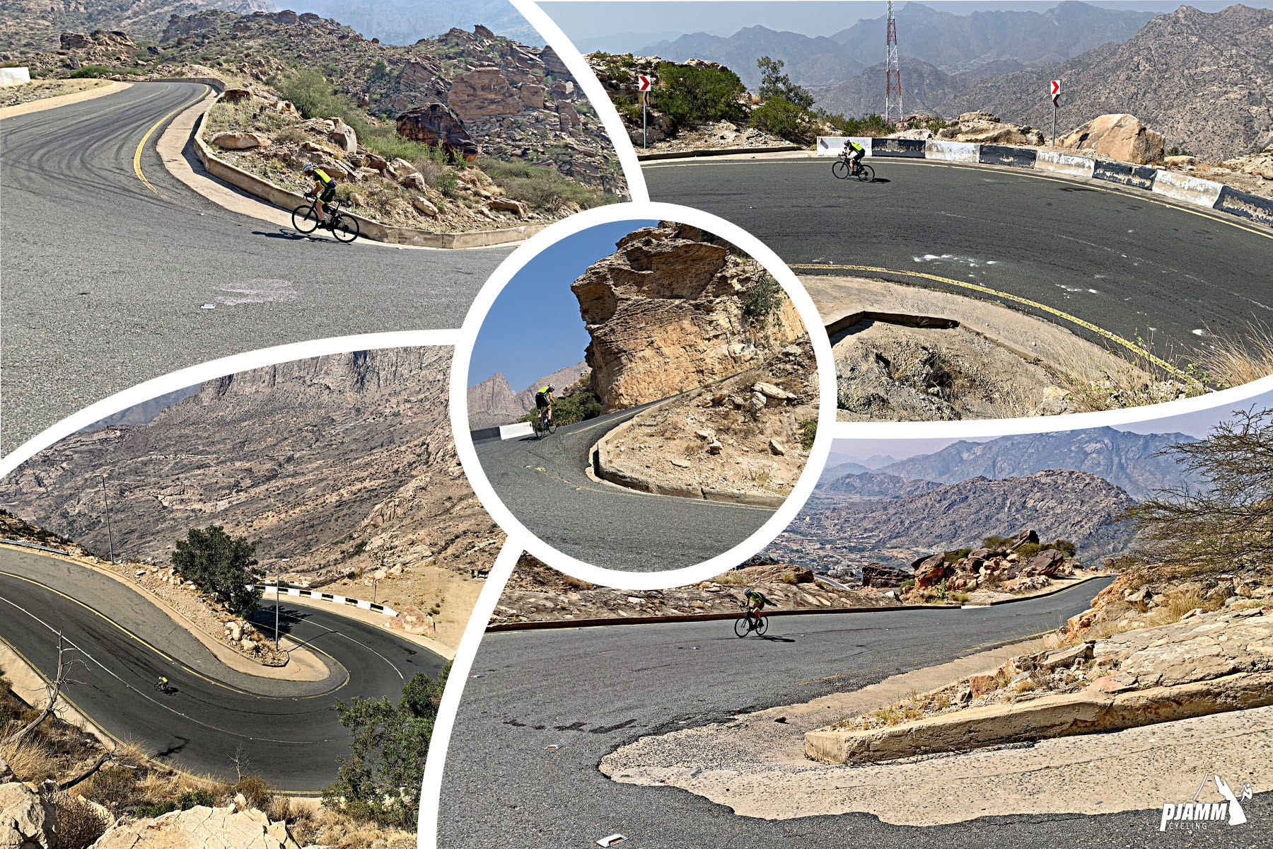 Cycling Parmah Pass, Saudi Arabia - photo collage highlights the hairpins along this ride, PJAMM Cycling logo in corner