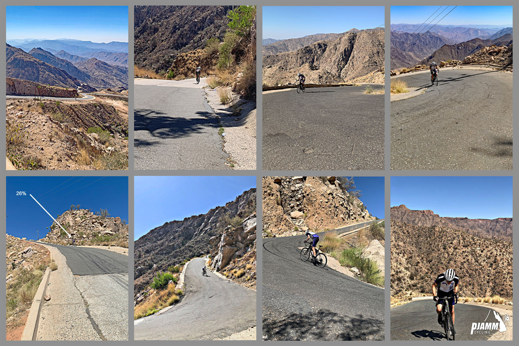 Cycling Rdom Pass, Asir Mountains - Photo collage, PJAMM Cycling logo in corner, PJAMM Cyclist John Johnson rides along the steepest one-mile segment of roadway in the world, 26% grade