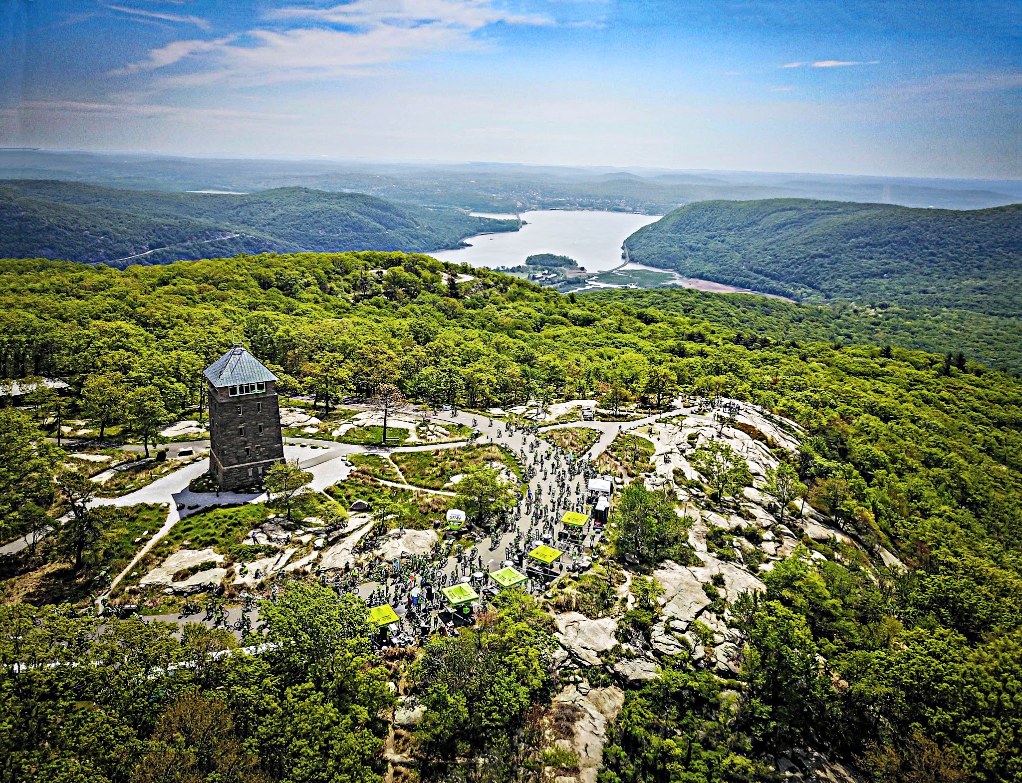 Cycling Bear Mountain, New York - aerial view of Perkins Memorial at the top of the climb