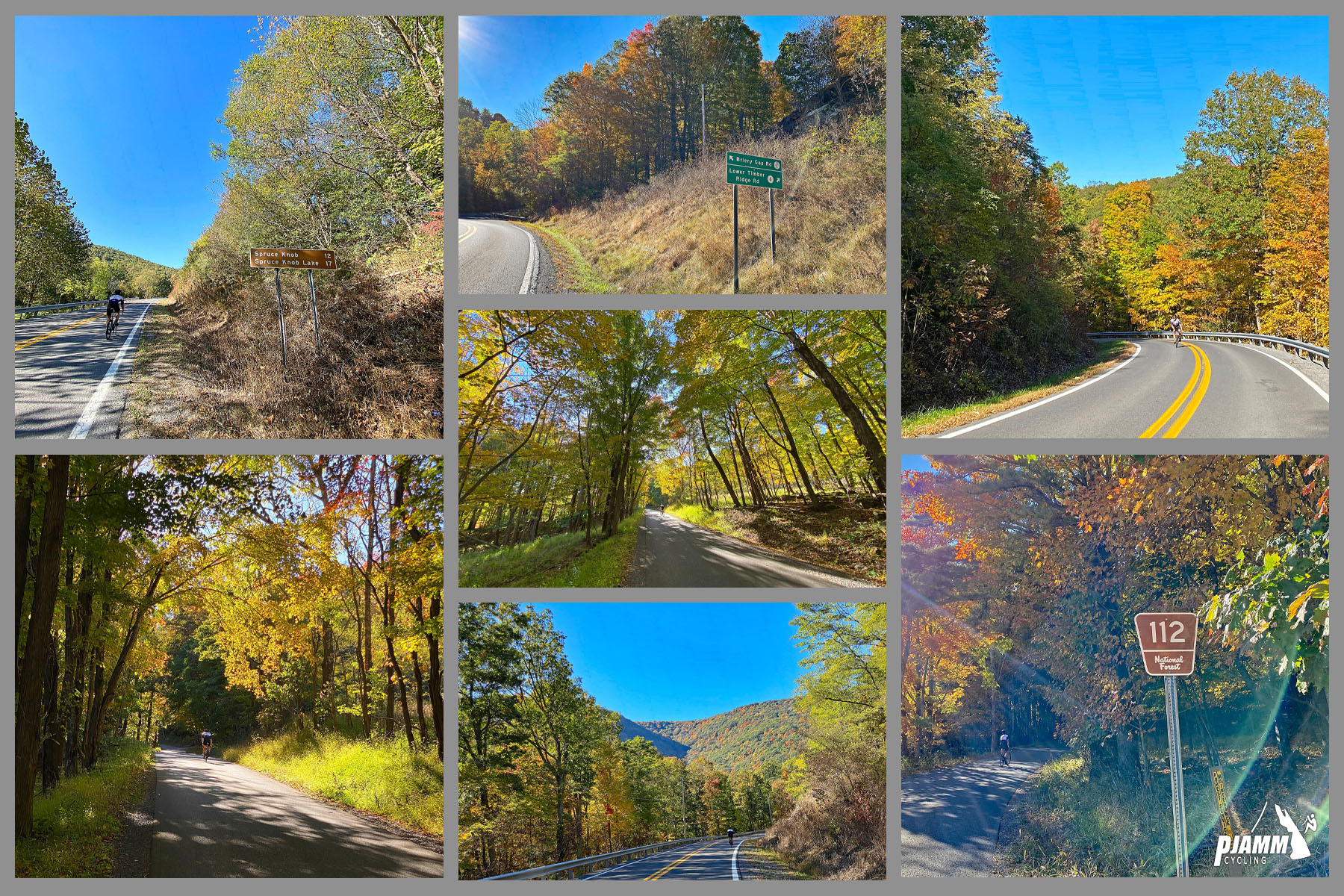 Cycling Spruce Knob, West Virginia - photo collage, views along Forest Road 112, dense fall foliage, mostly yellow and orange, sign for Forest Road 112, PJAMM Cycling logo in corner
