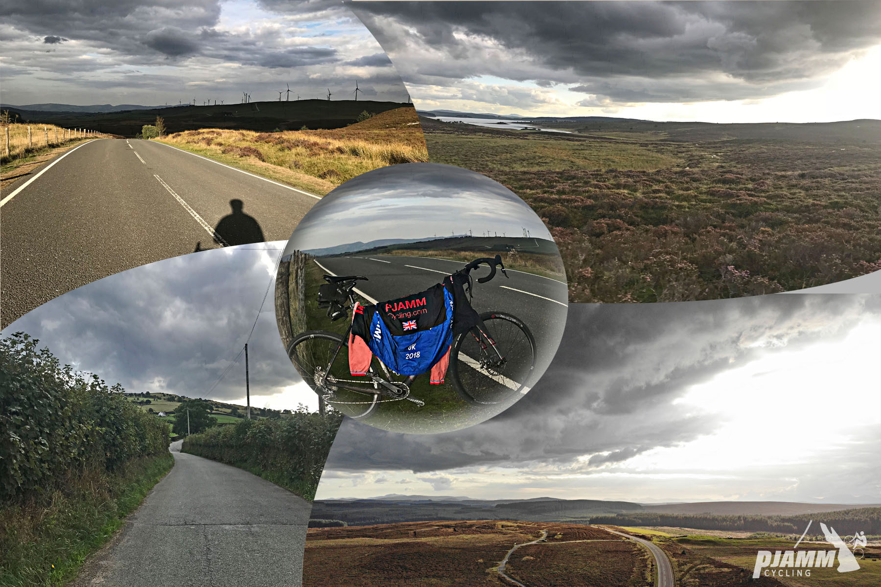 Cycling The Road to Hell, Wales - PJAMM cycling jersey draped over bike parked along roadway, stretches of two-lane roadway, grey clouds