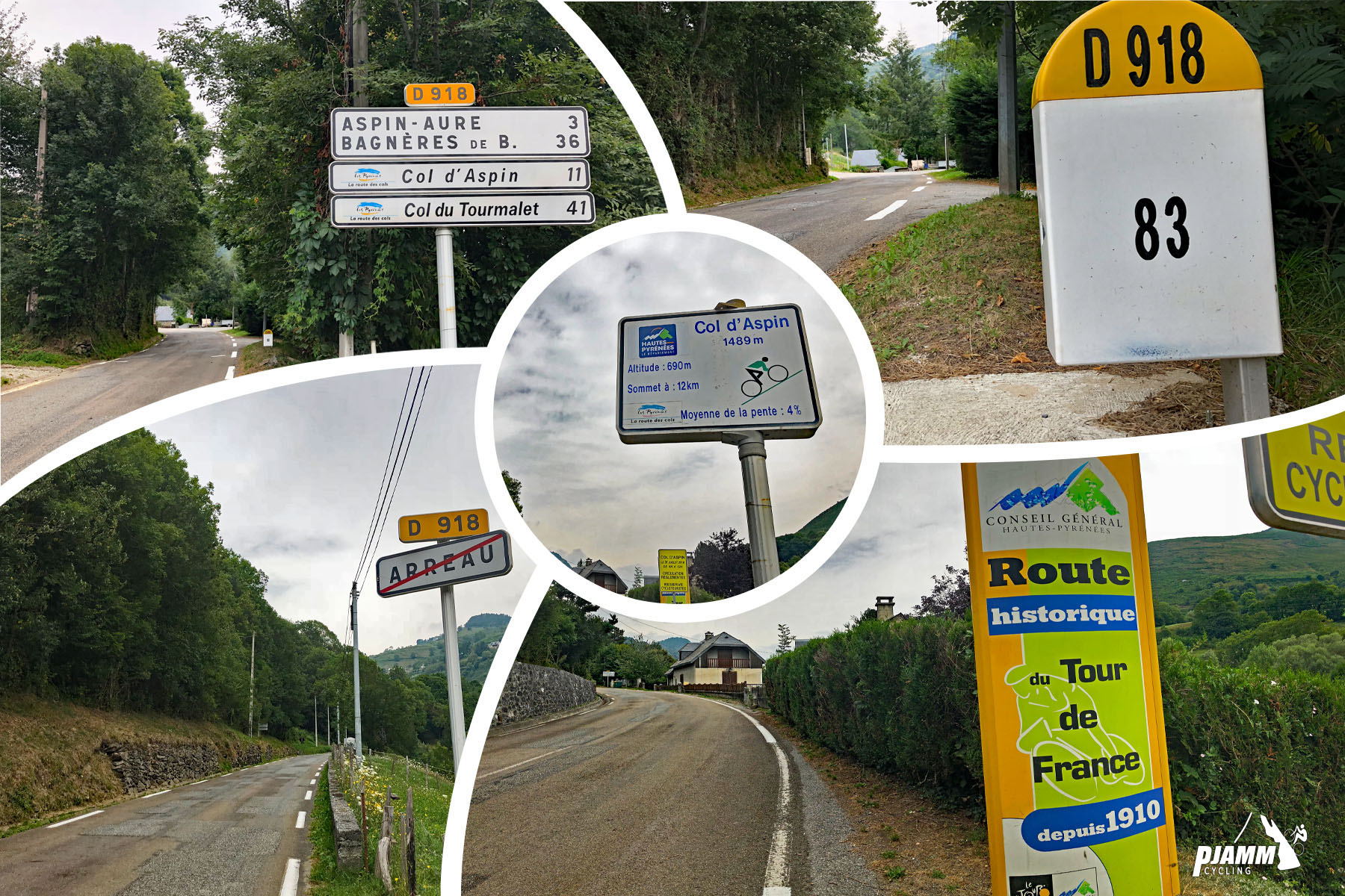 Photo collage of many roadsigns at the start of climb