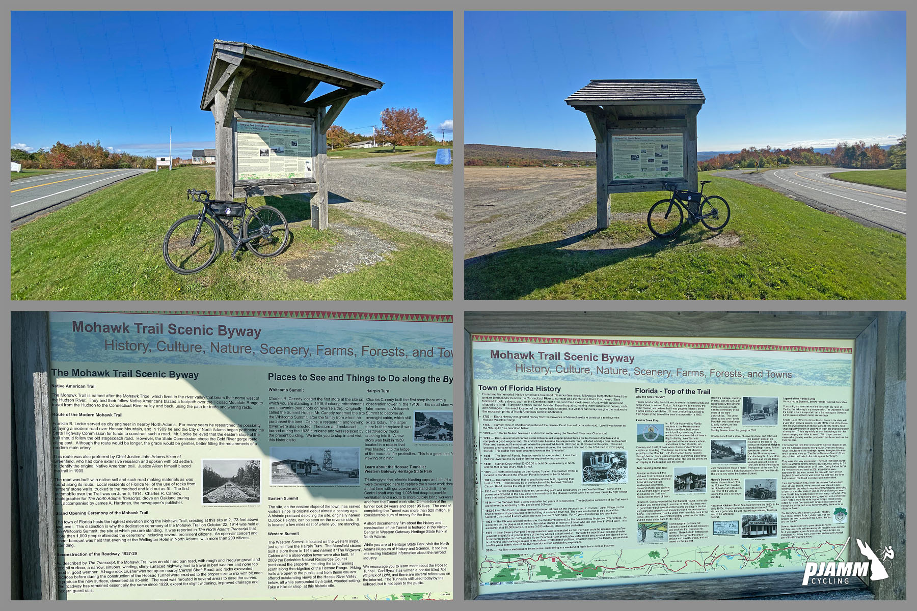 Cycling Whitcomb Hill Road, Massachusetts - bike parked against informational signs for Mohawk Trail Scenic Byway, PJAMM Cycling logo in corner
