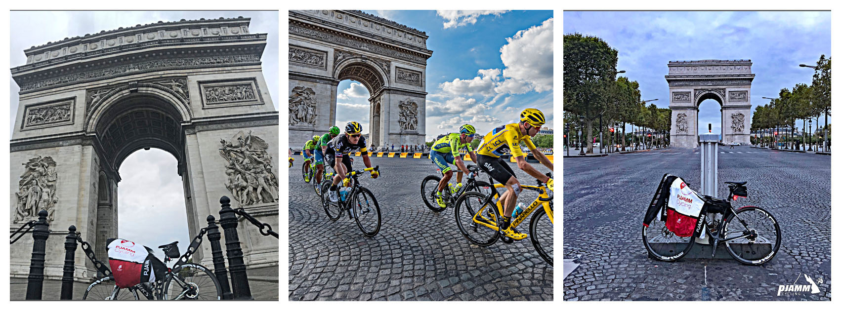 Tour de France 2022 Tour de France 2022 - photo collage, PJAMM bike and jersey leaning against post in front of Arc de Triomphe, Paris; riders in the Tour de France ride past the Arc de Triompth