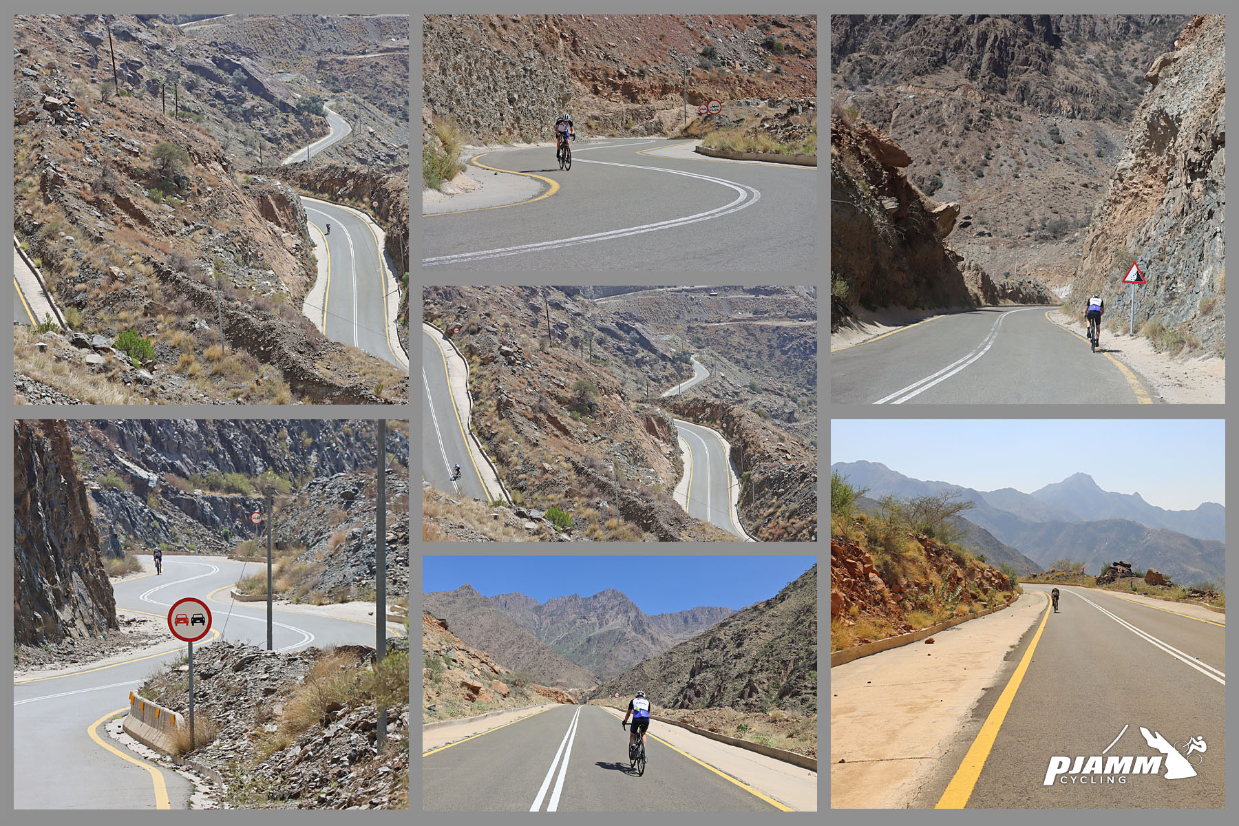 Cycling Bani Horairah - views along the climb, photo collage, mountain roadway carved into side of mountain, curves in two-lane highway roadway