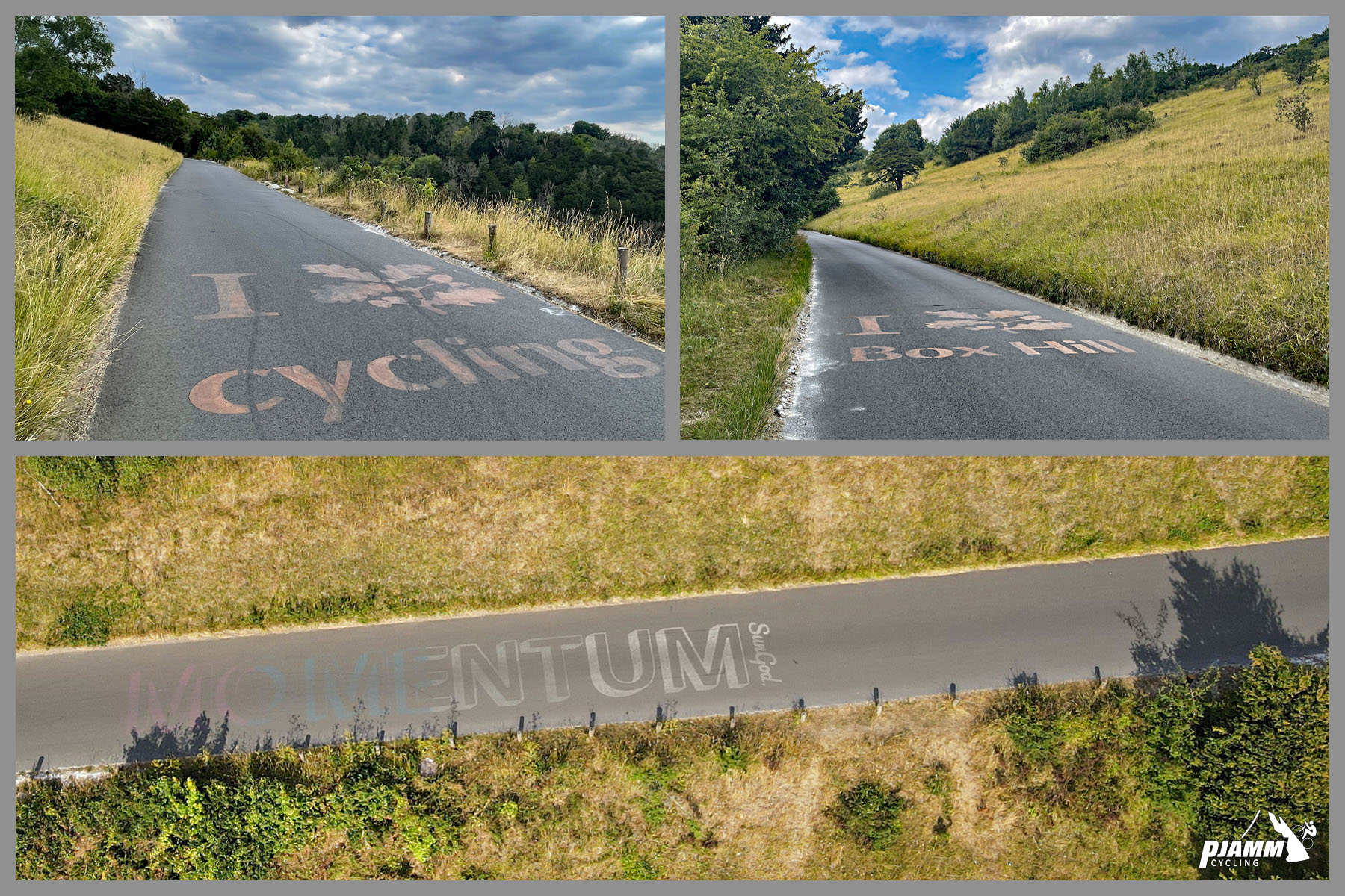 painted roadways read "I love cycling," "I love Box Hill," and "Momentum Sun God"