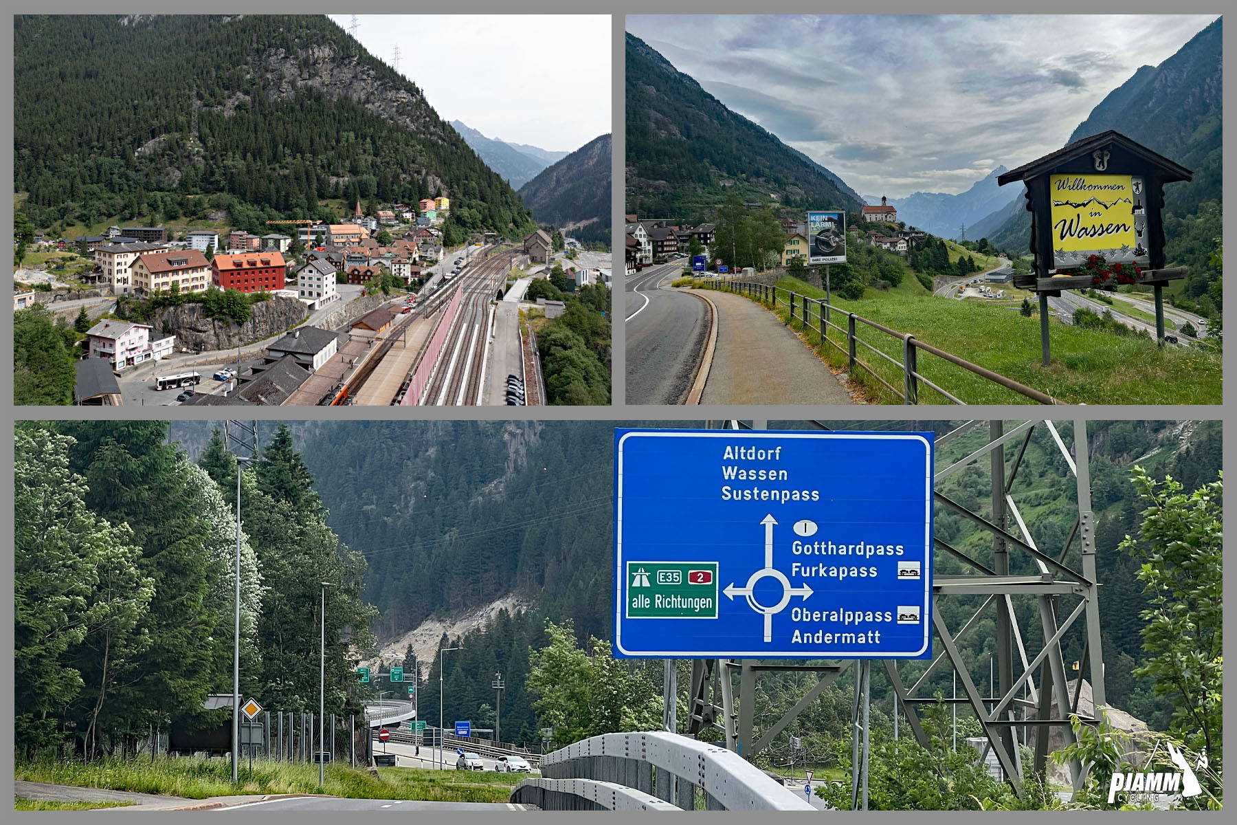 photo collage shows street signs for Altdorf, Wassen, Sustenpass, Gotthardpass, Furkapass, Oberalppass, and Andermatt; views looking down on village from climb route