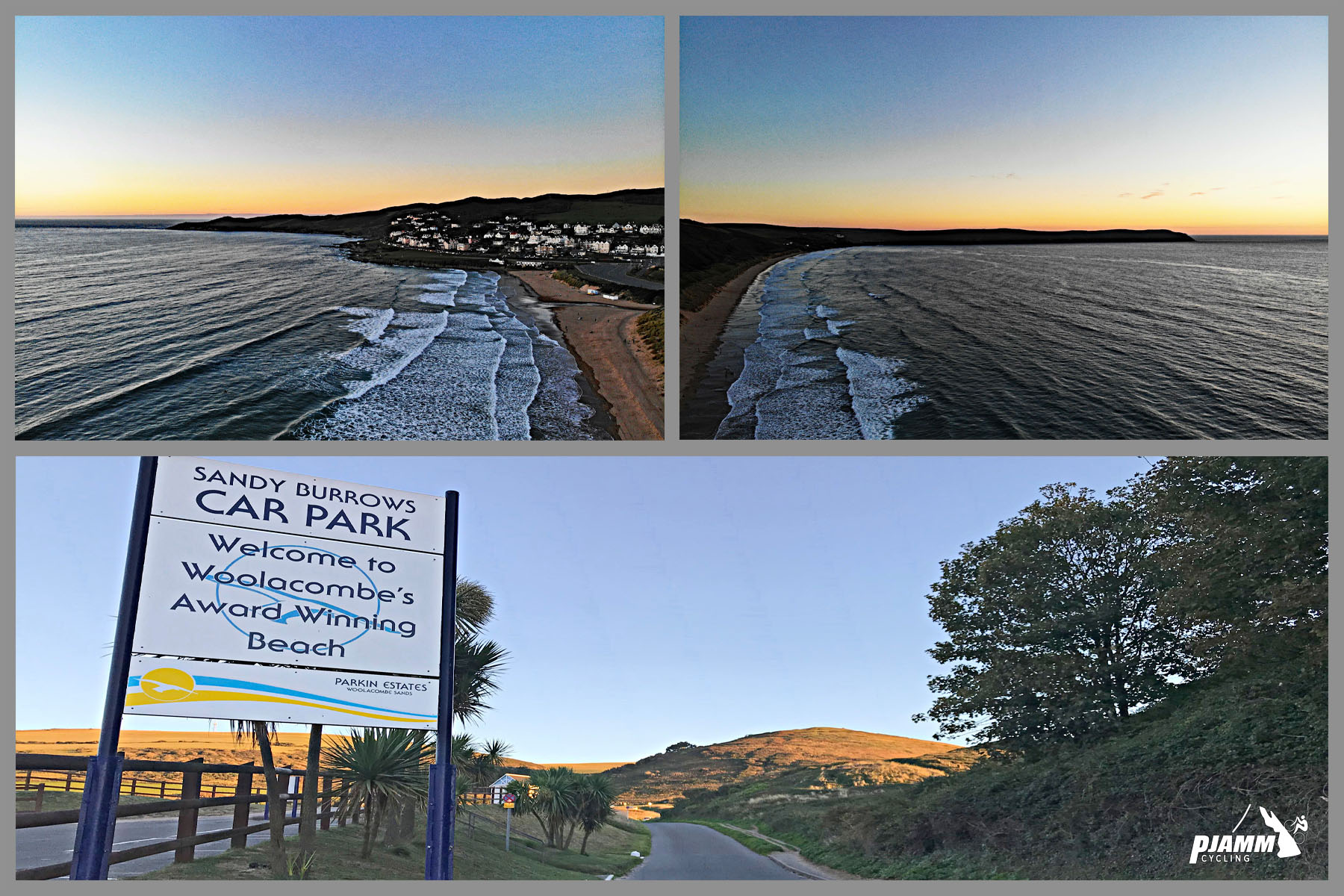 Cycling Challacombe Hill - photo collage, shoreline with gentle waves at sunset, sign for "Sandy Burrows Car Park" "Welcome to Woolacombe's Award Winning Beach"