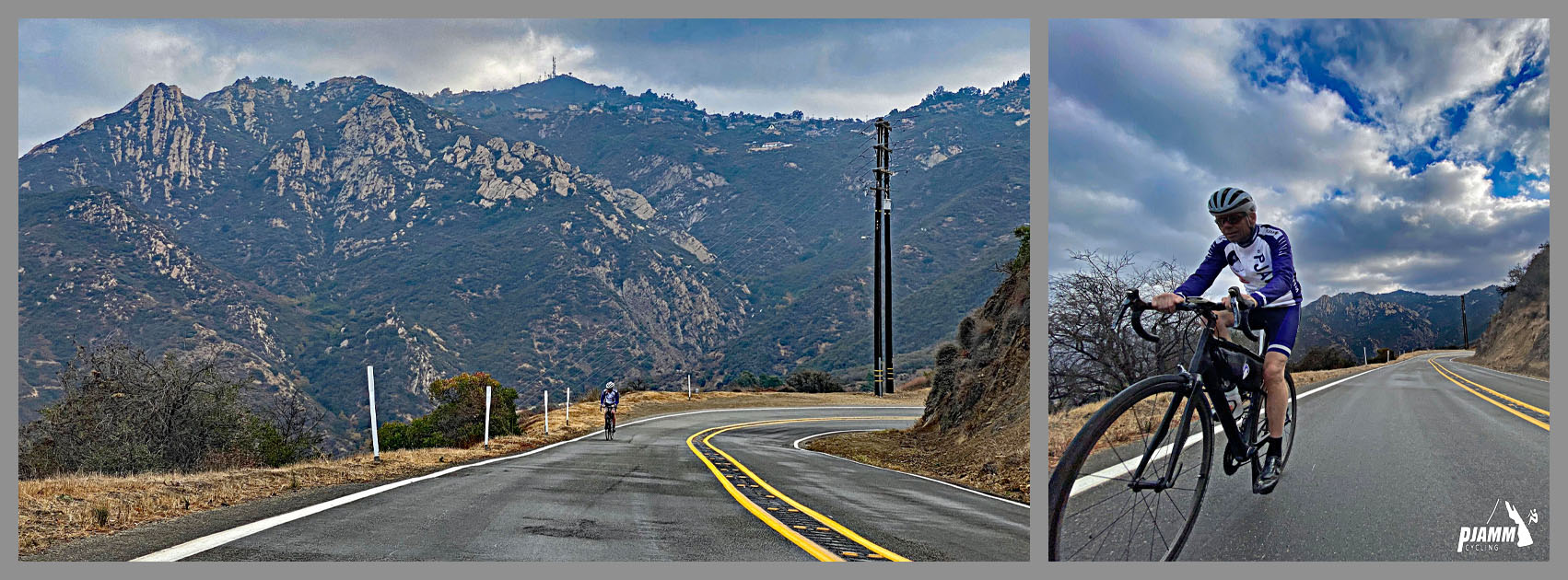 Cycling Malibu Canyon Road to the top of Piuma Road - two lane mountain roadway, Santa Monica Mountain peaks beyond, PJAMM Cyclist on roadway
