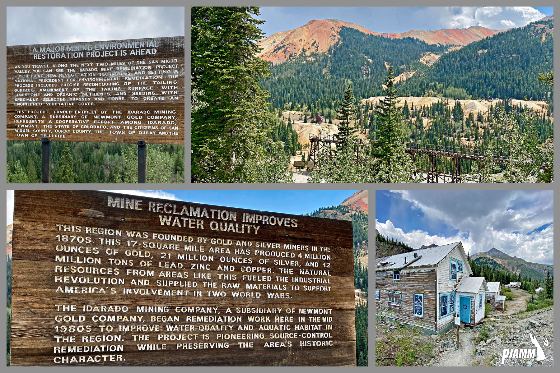 Cycling Red Mountain, Ouray, Colorado - photo collage, PJAMM Cycling logo in corner, informational sign "Mine Reclamation Improves Water Quality", view of old mining homes along creekside
