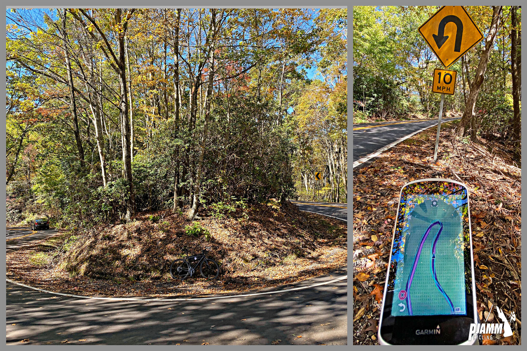 Cycling Brasstown Bald, Georgia - Garmin device showing sharp hairpin turn, in front of road sign for 10 MPH on turn, fall foliage, PJAMM Cycling logo in corner