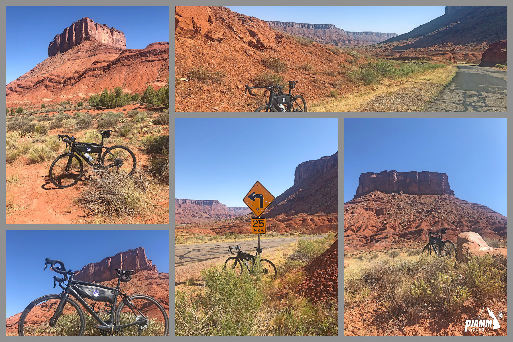 Cycling La Sal Loop Road at Castle Valley - photo collage, PJAMM Cycling logo in corner, bike parked in front of various red bluffs, one of which is called The Rectory