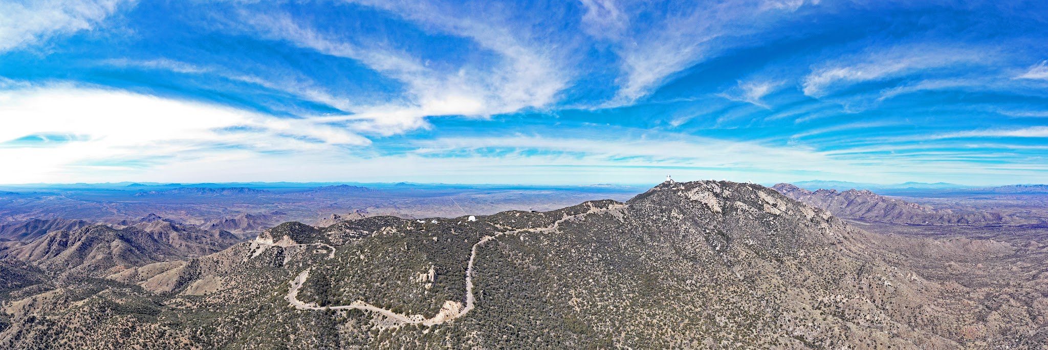 Cycling Arizona top bike climbs - aerial drone photo of kitt peak, observatories and road