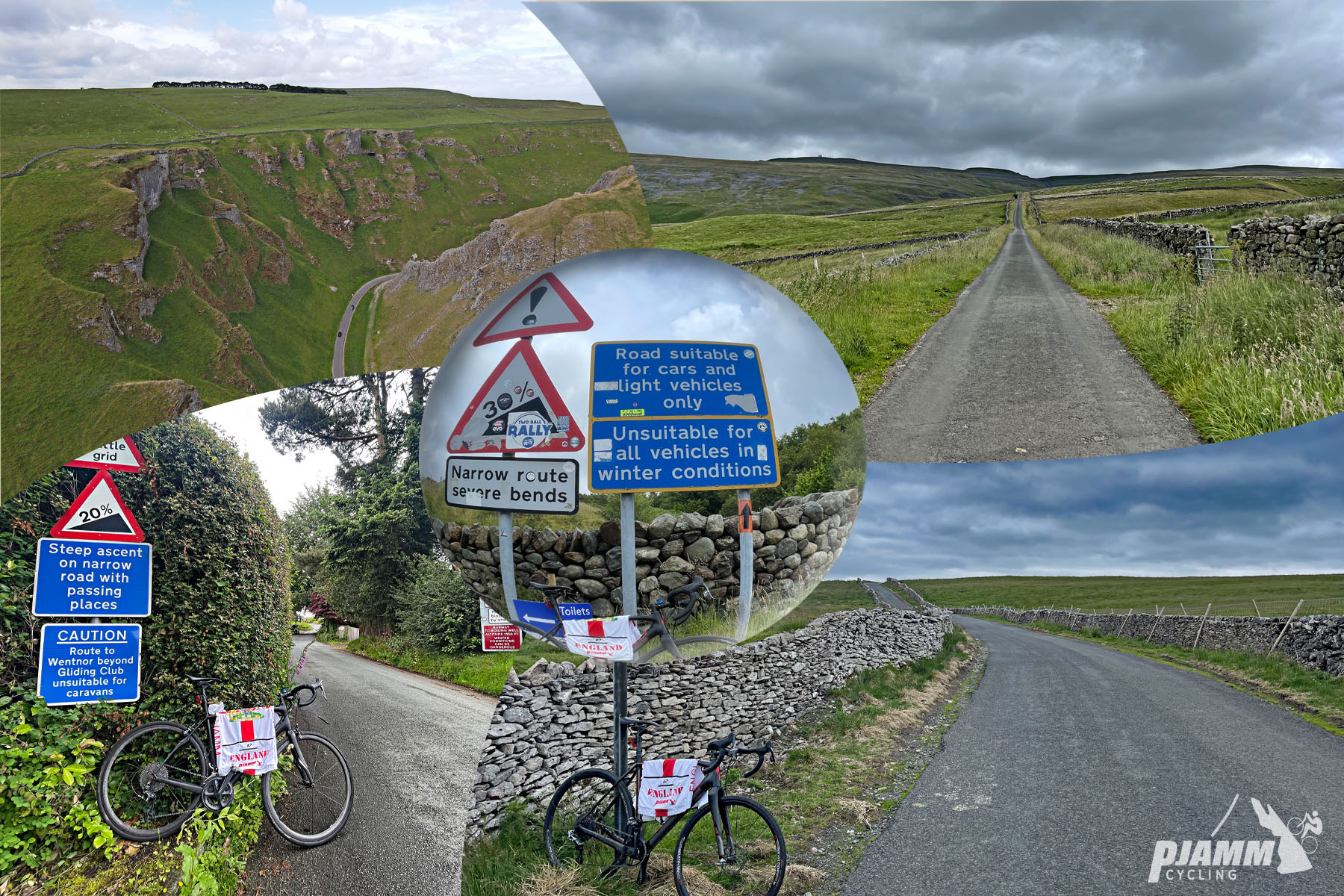 England's Most Epic Bike Climbs Photo collage shows Winnats Pass, The Great Dun Fell, Fleet Moss, he Burway, Hardknott Pass