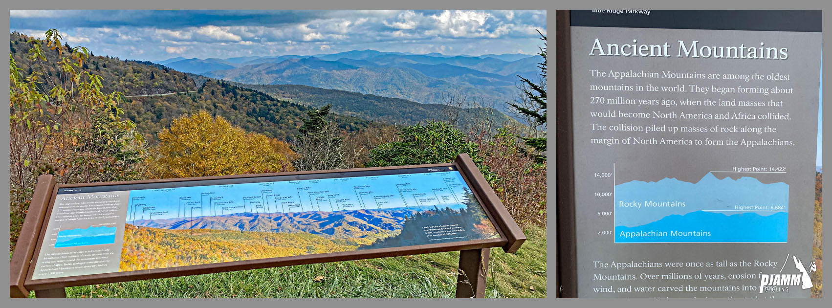 Cycling Waterrock Knob from Highway 19, North Carolina - informational sign looking out over panoramic views from BRP