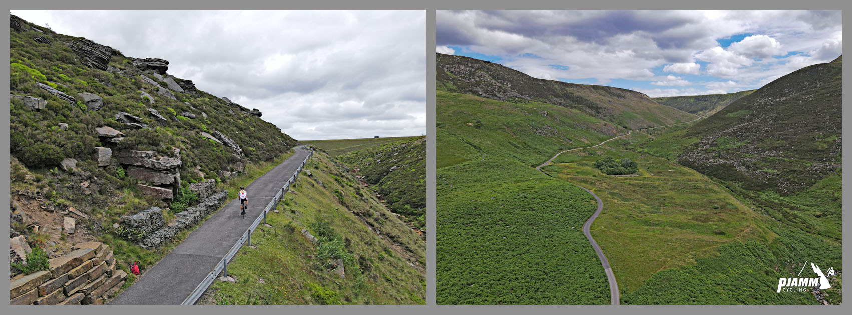 aerial drone view of the final leg of climb; green hillsides with road stretching through